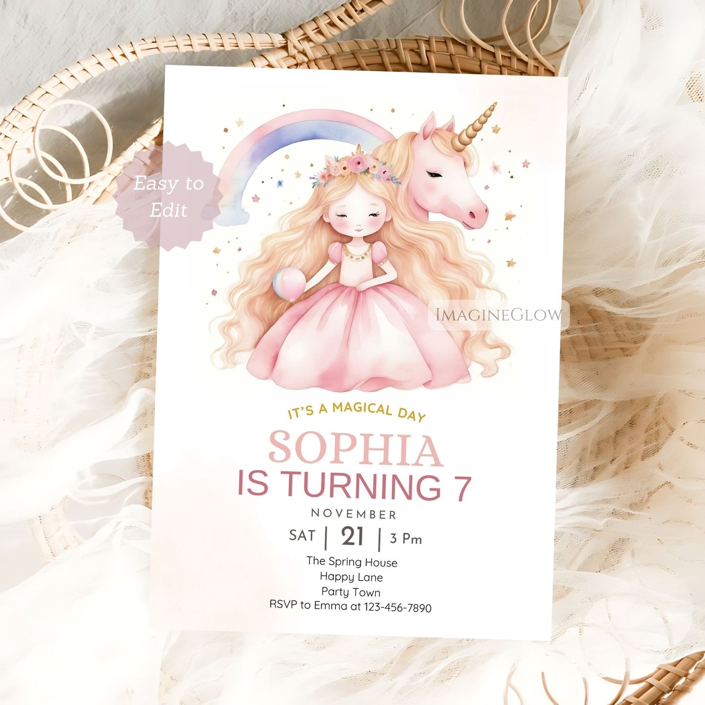 Unicorn & Little Princess birthday invitation with rainbow