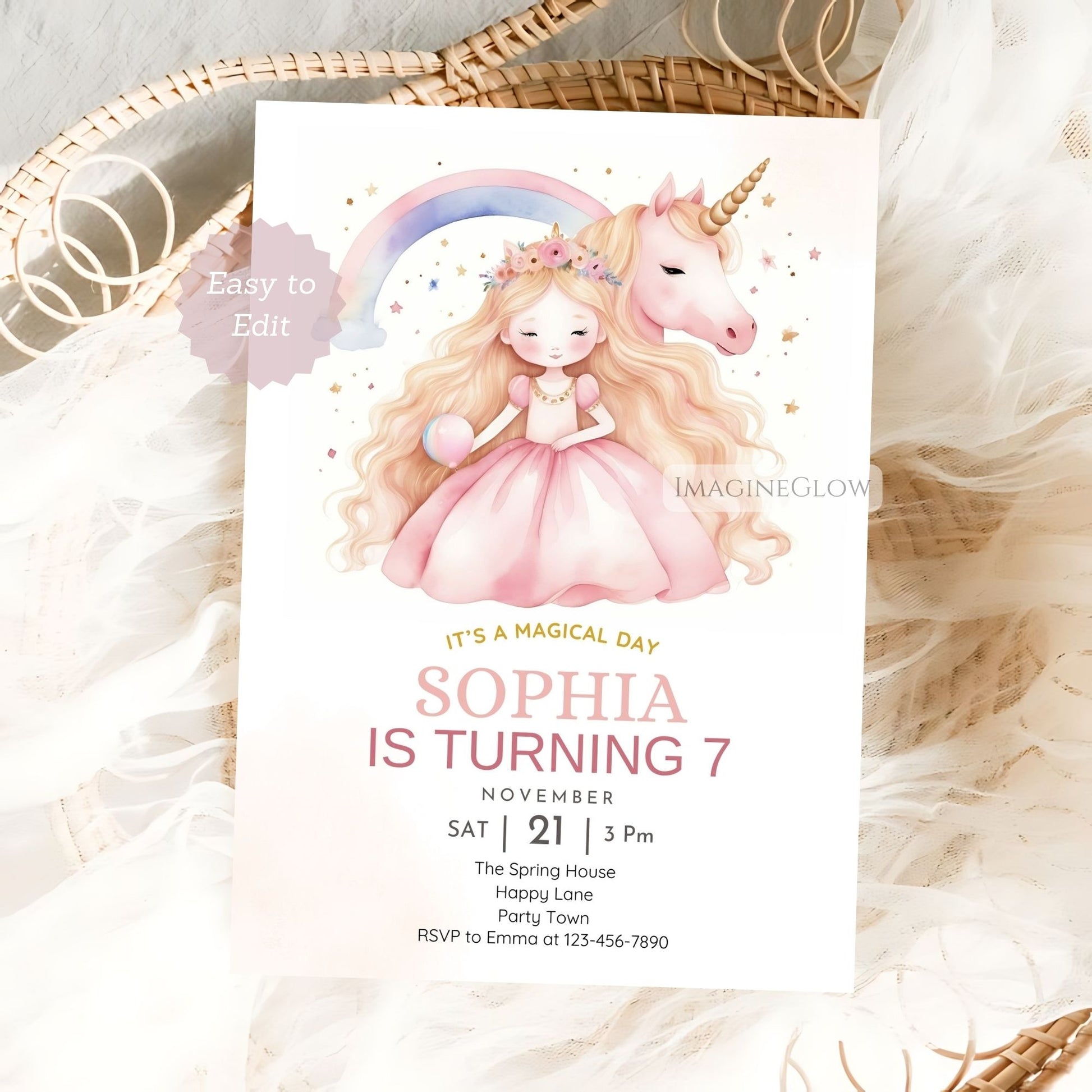 Unicorn & Little Princess birthday invitation with rainbow