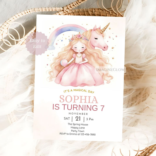 Unicorn & Little Princess birthday invitation with rainbow
