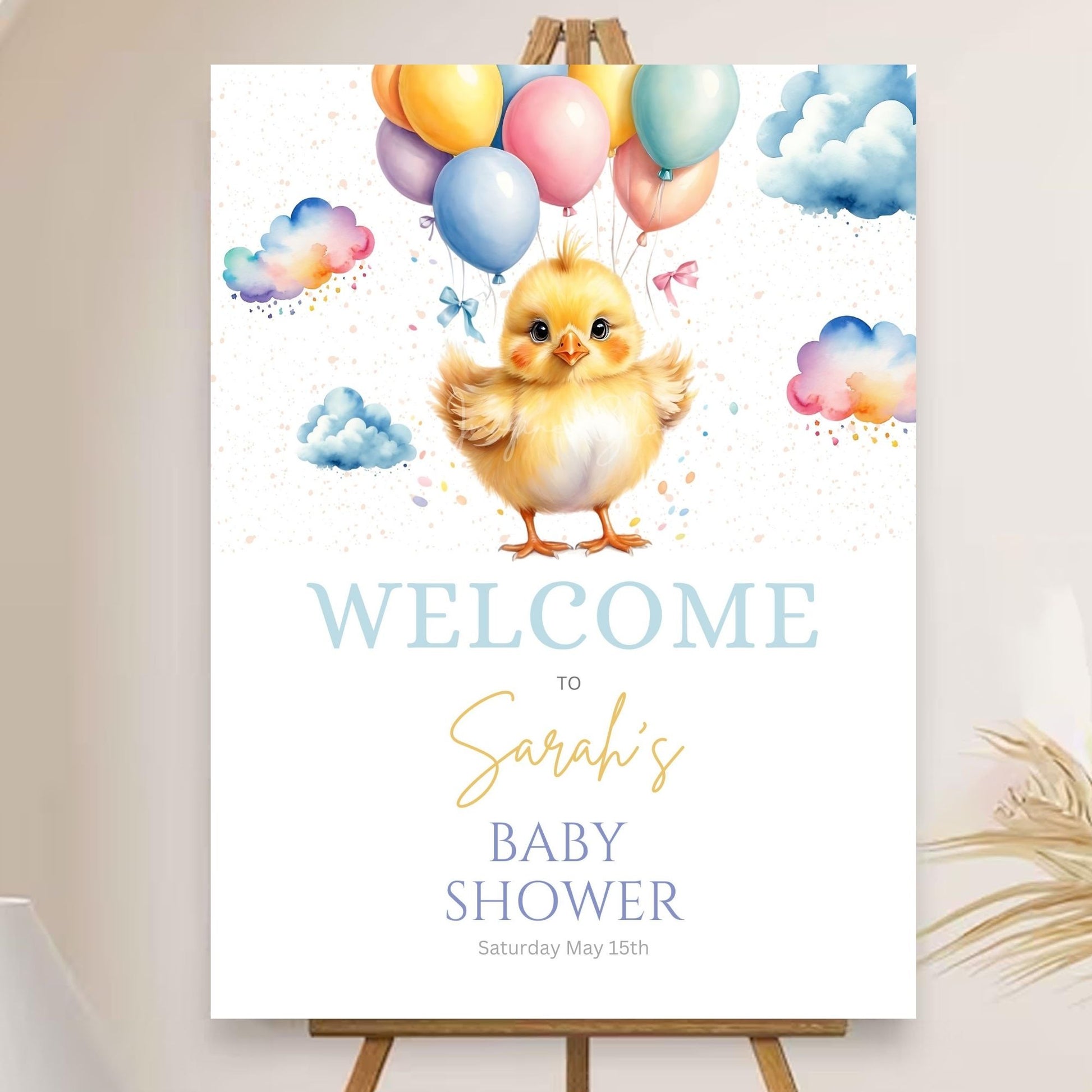 Chick baby shower welcome sign with balloon theme.
Gender-neutral baby shower welcome poster.