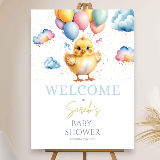Chick baby shower welcome sign with balloon theme.
Gender-neutral baby shower welcome poster.