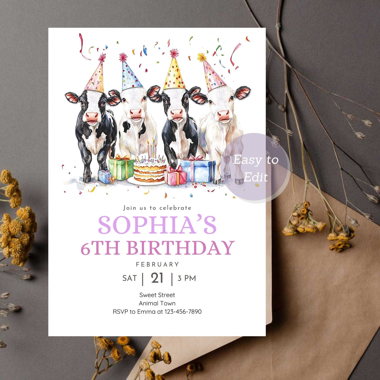 Fun and cute cow farm theme invite for a kids’ birthday party.