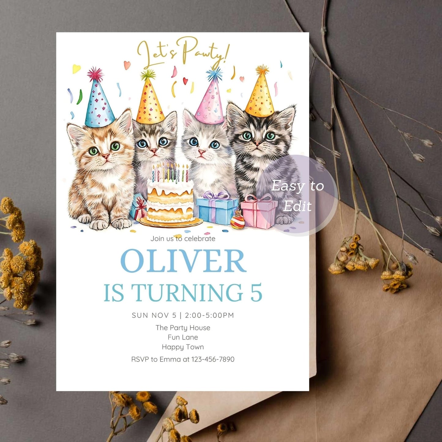 Customizable and editable kitty-themed celebration invite.