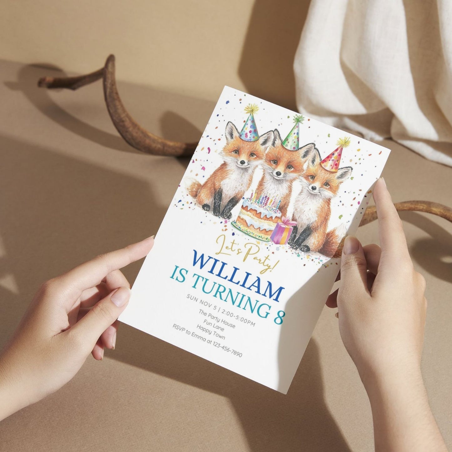 Woodland animal party card featuring a fox design.