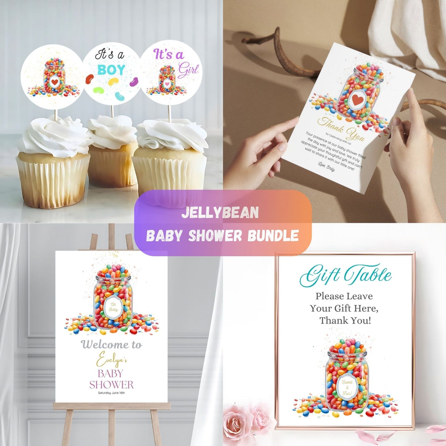 Jellybean baby shower invitation bundle with colorful designs.