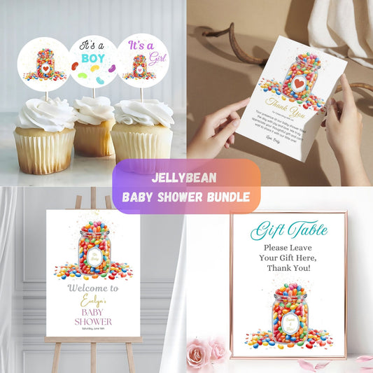 Jellybean baby shower invitation bundle with colorful designs.