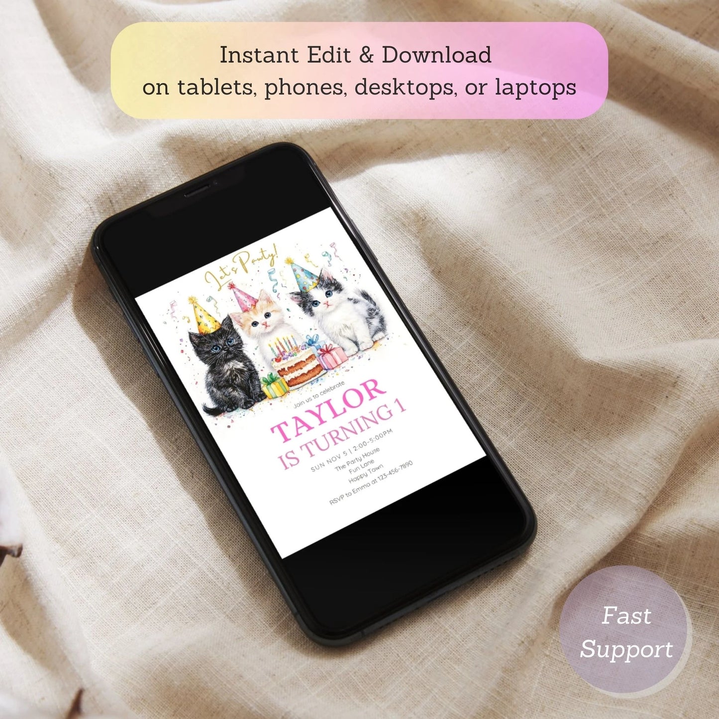 Printable cat-themed celebration invitation with kitty designs.