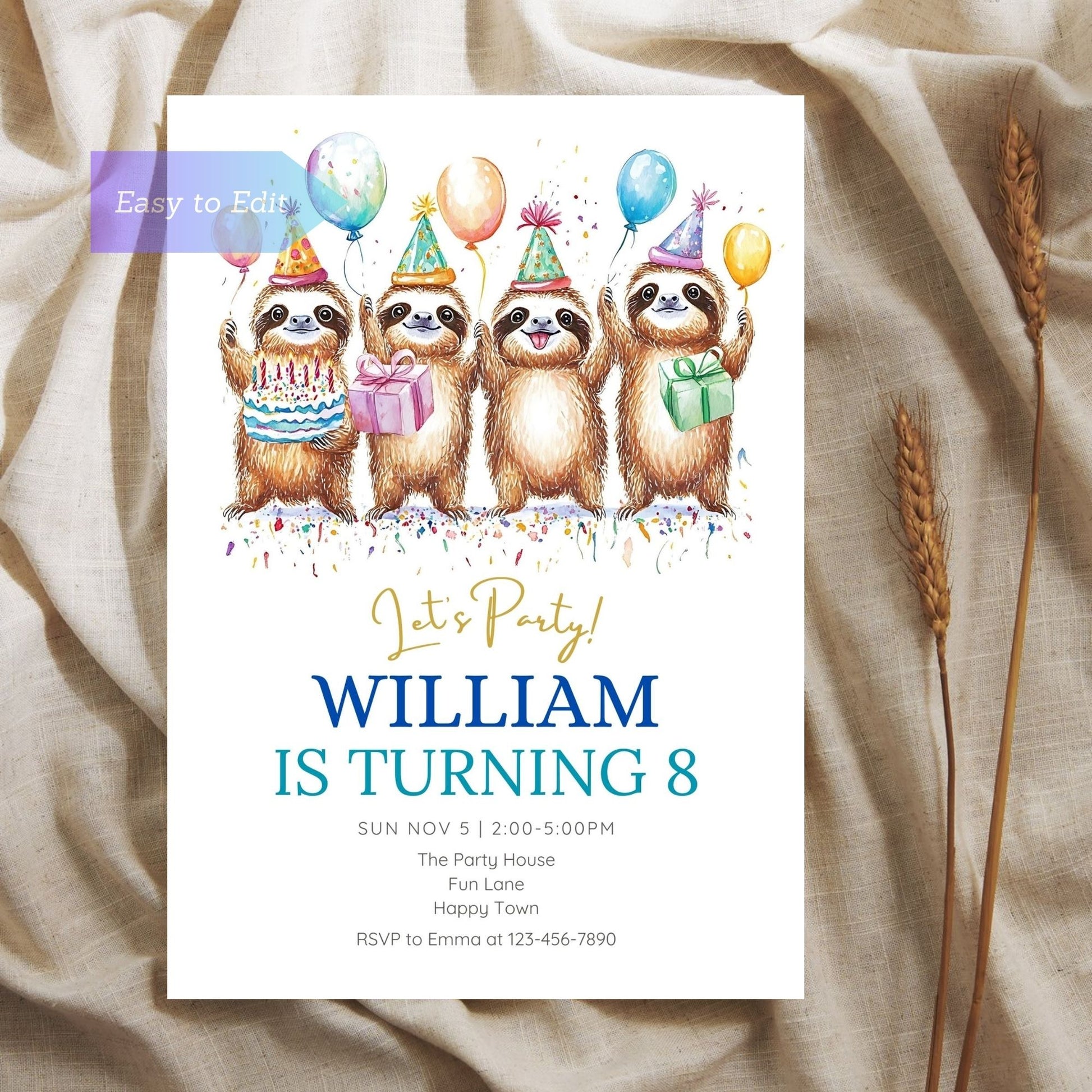 Adorable sloth-themed party invite for relaxed kids celebration