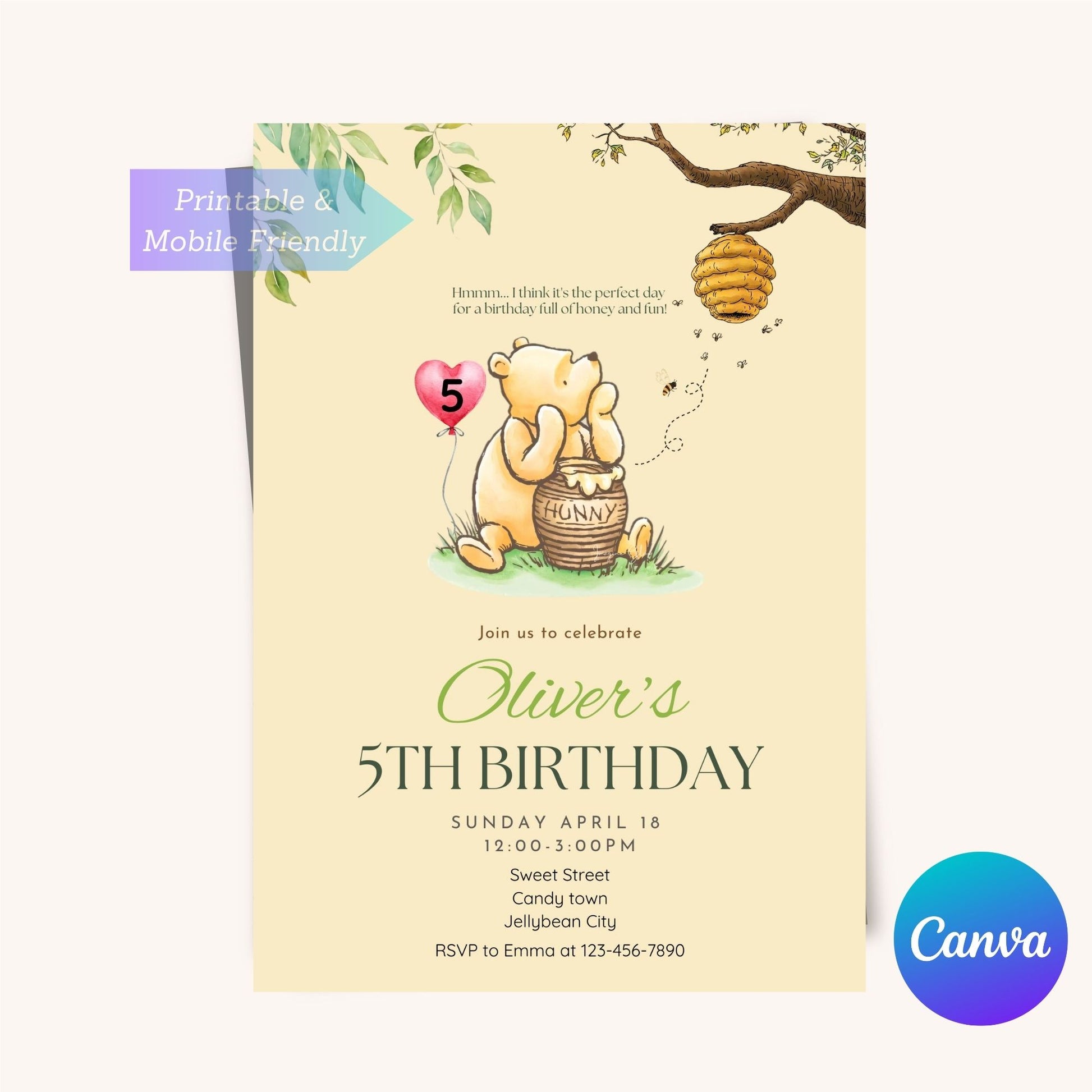 Sweet Winnie the Pooh birthday card with age balloon decoration.