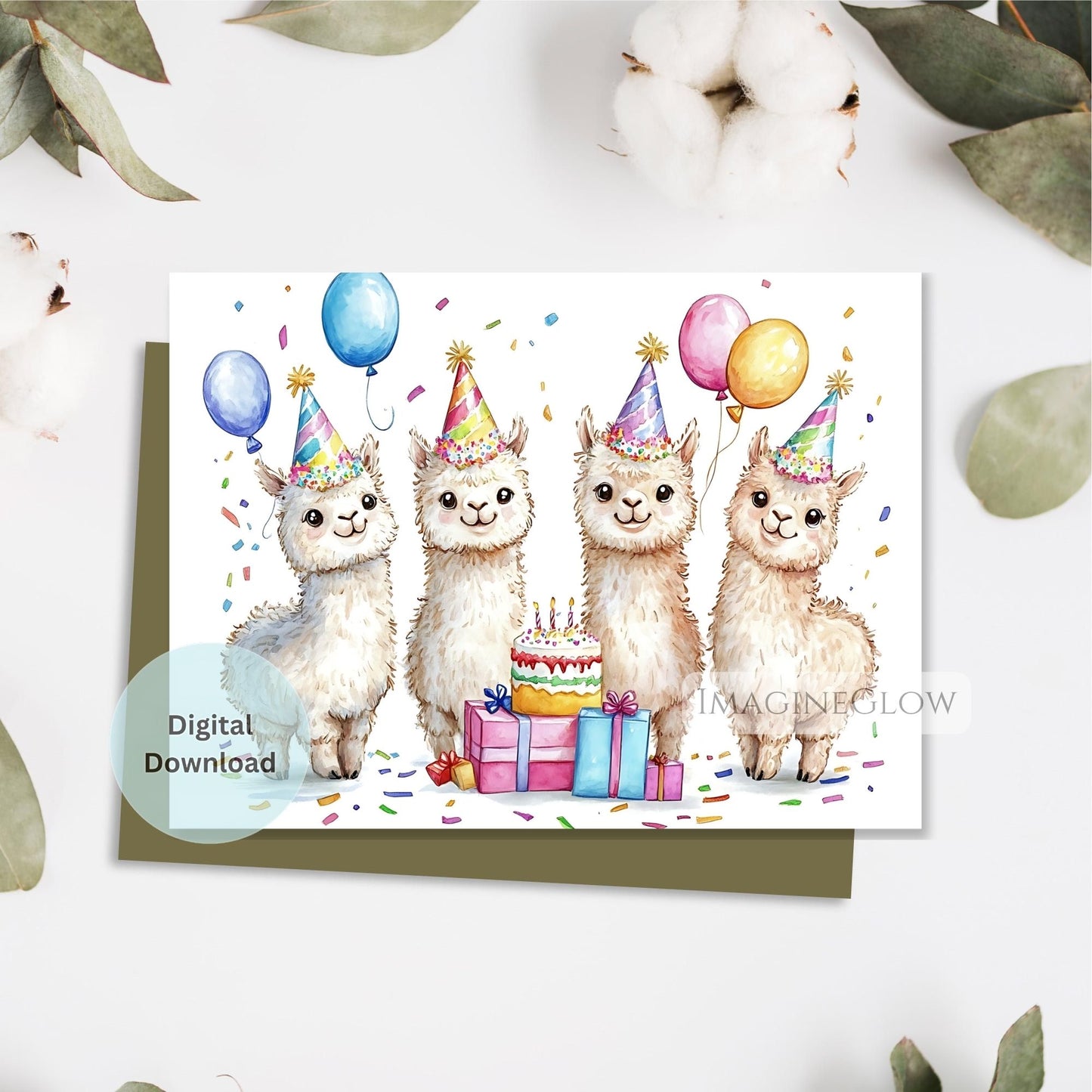 Birthday card with four llamas wearing party hats and balloons on a white background.