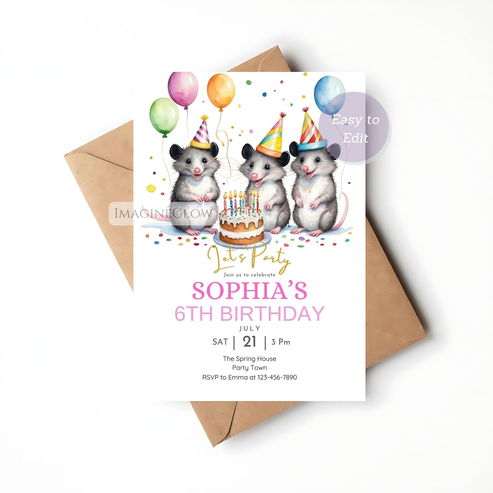 Birthday party invitation with three opossums wearing party hats and a cake, on a white background.