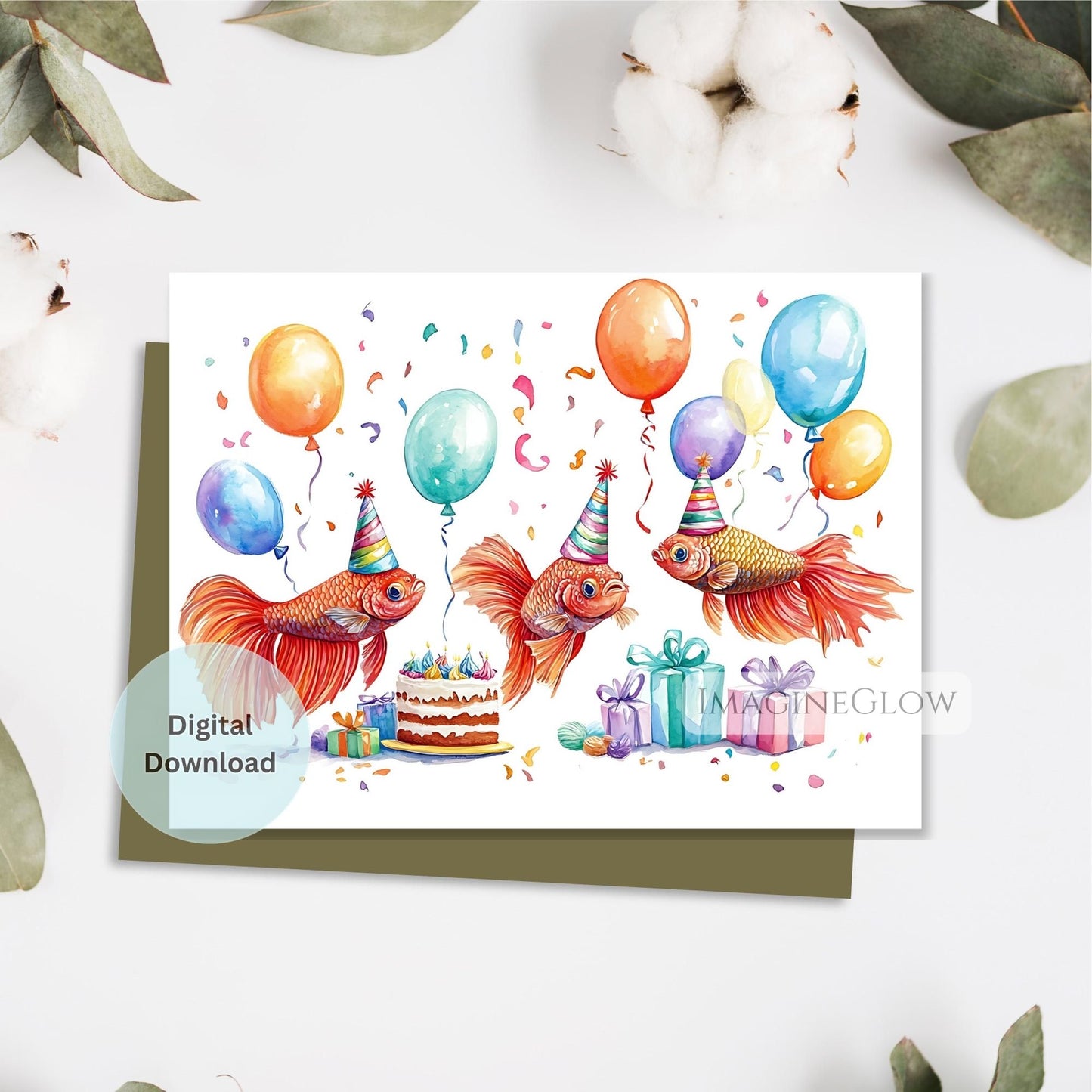 Birthday card with goldfish, balloons, and party decorations on a white background.