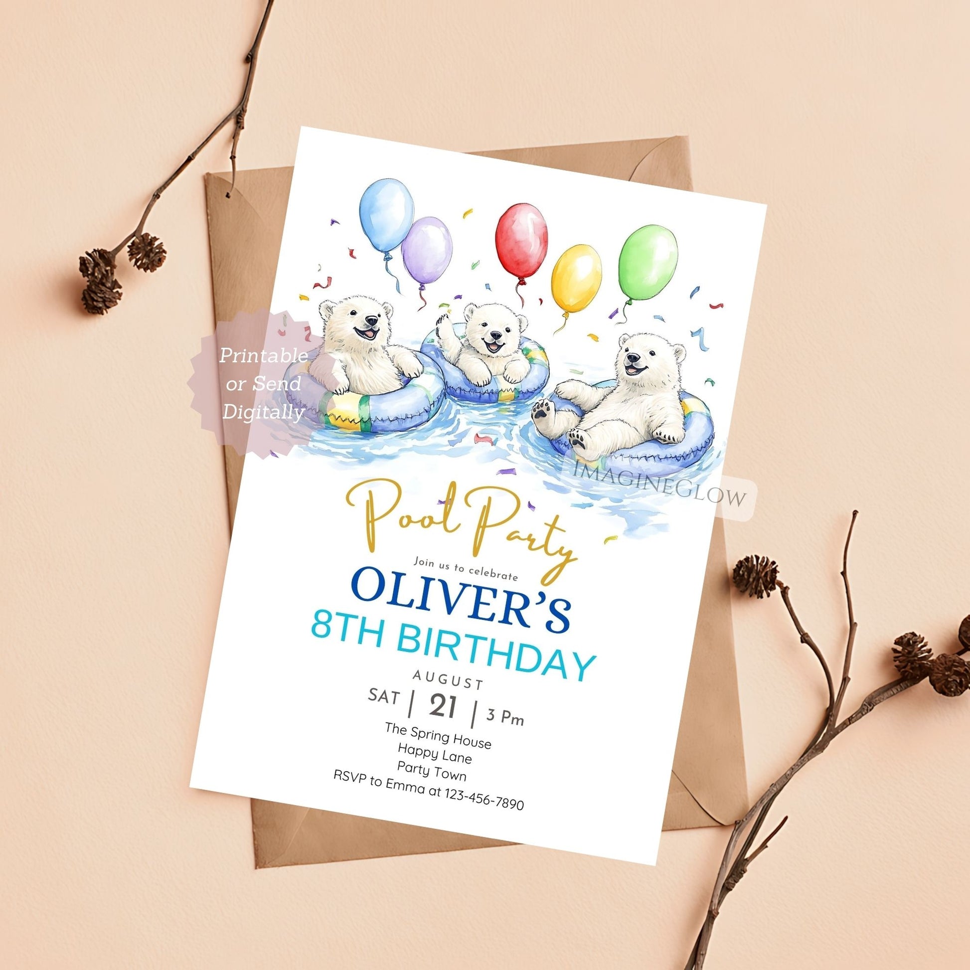 Three Polar Bears Pool Party Birthday Invitation with a fun summer theme.