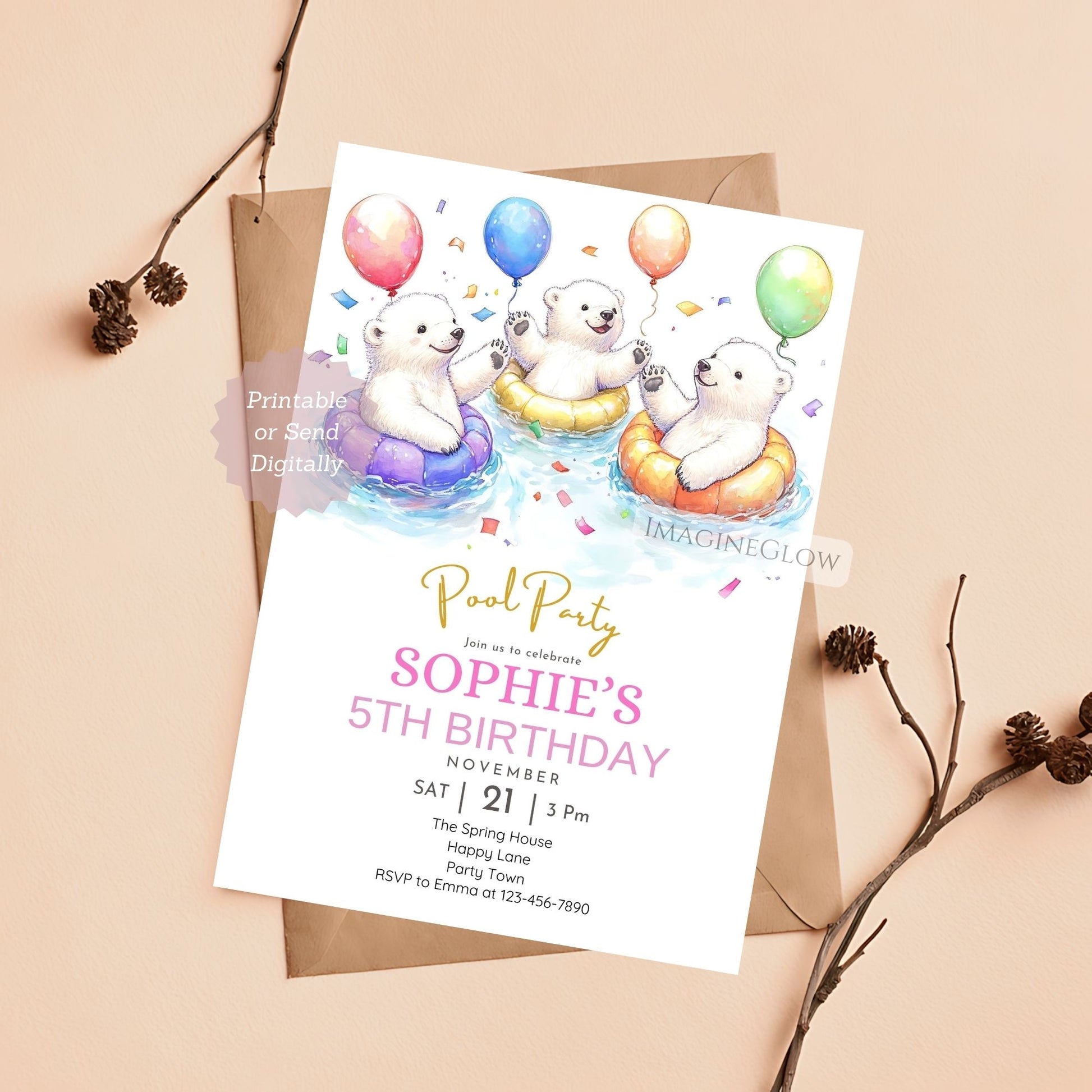 Fun summer pool party invitation featuring adorable polar bears.