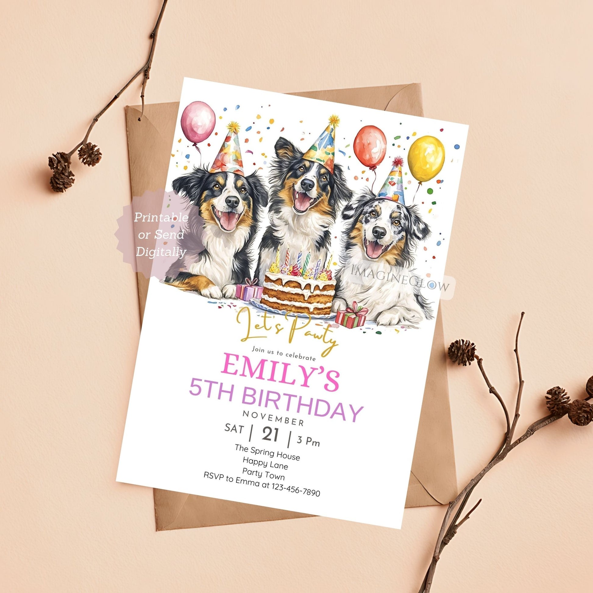 Australian Shepherd birthday invitation with cute dog design