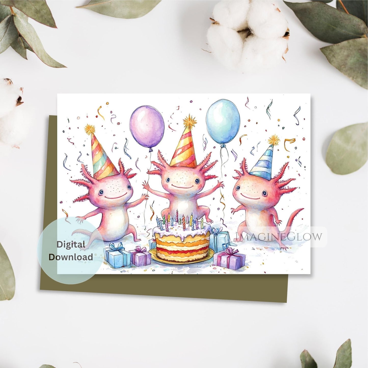fun amphibian birthday card with axolotl
colorful axolotl birthday card for kids
axolotl animal themed birthday greeting card
printable axolotl happy birthday card