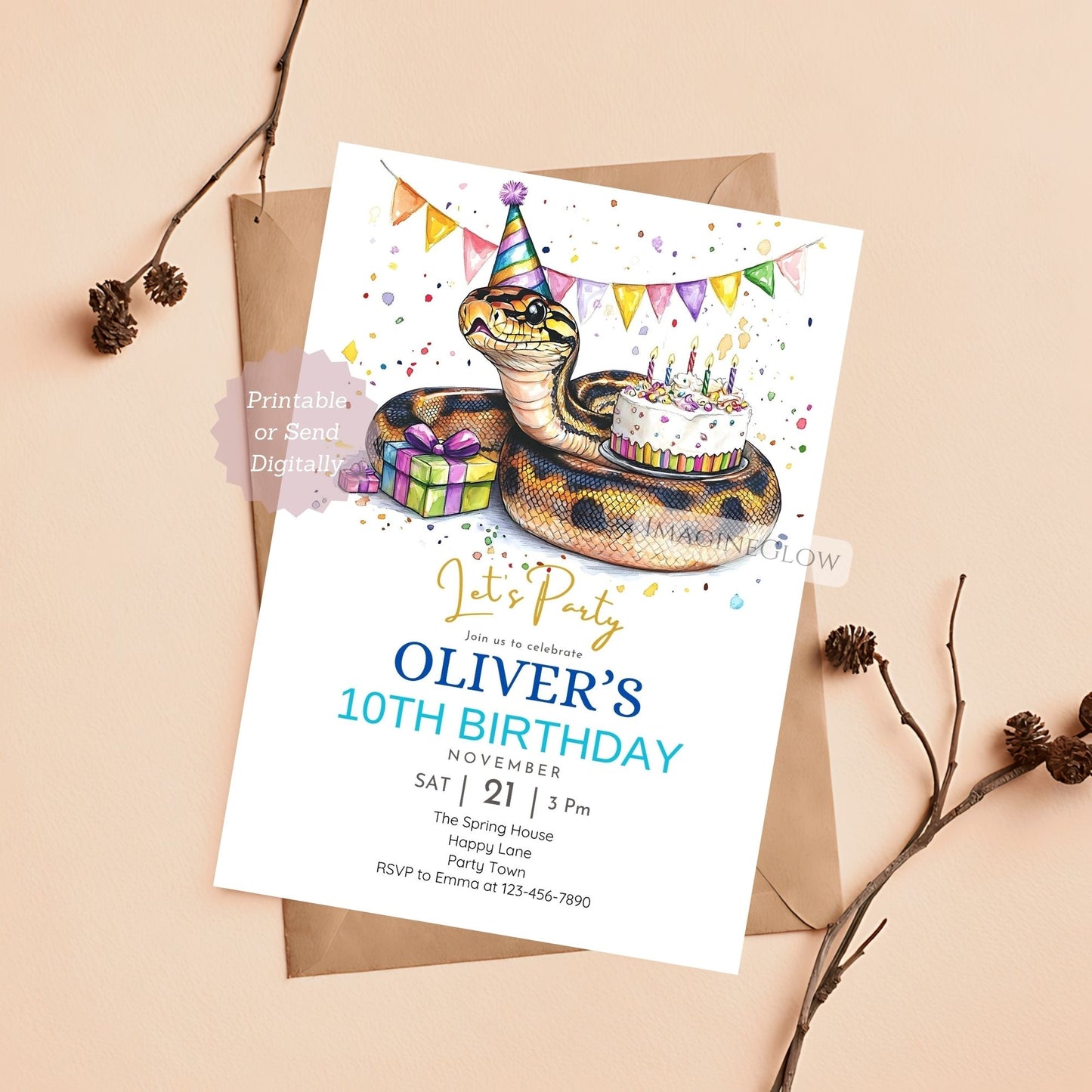 Ball python birthday invitation with colorful decorations.