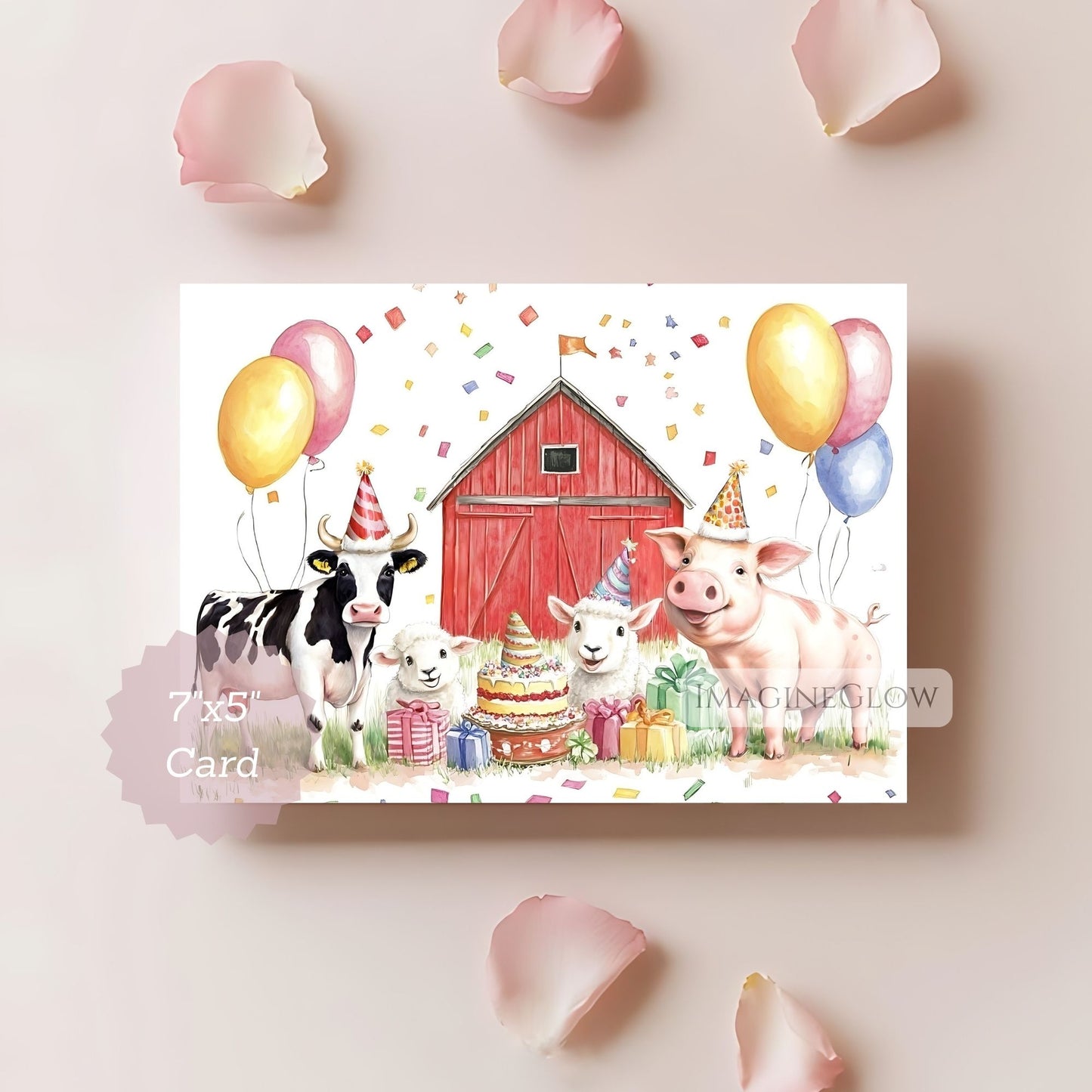 Children's birthday card with farm animals, balloons, and a barn on a pink background.