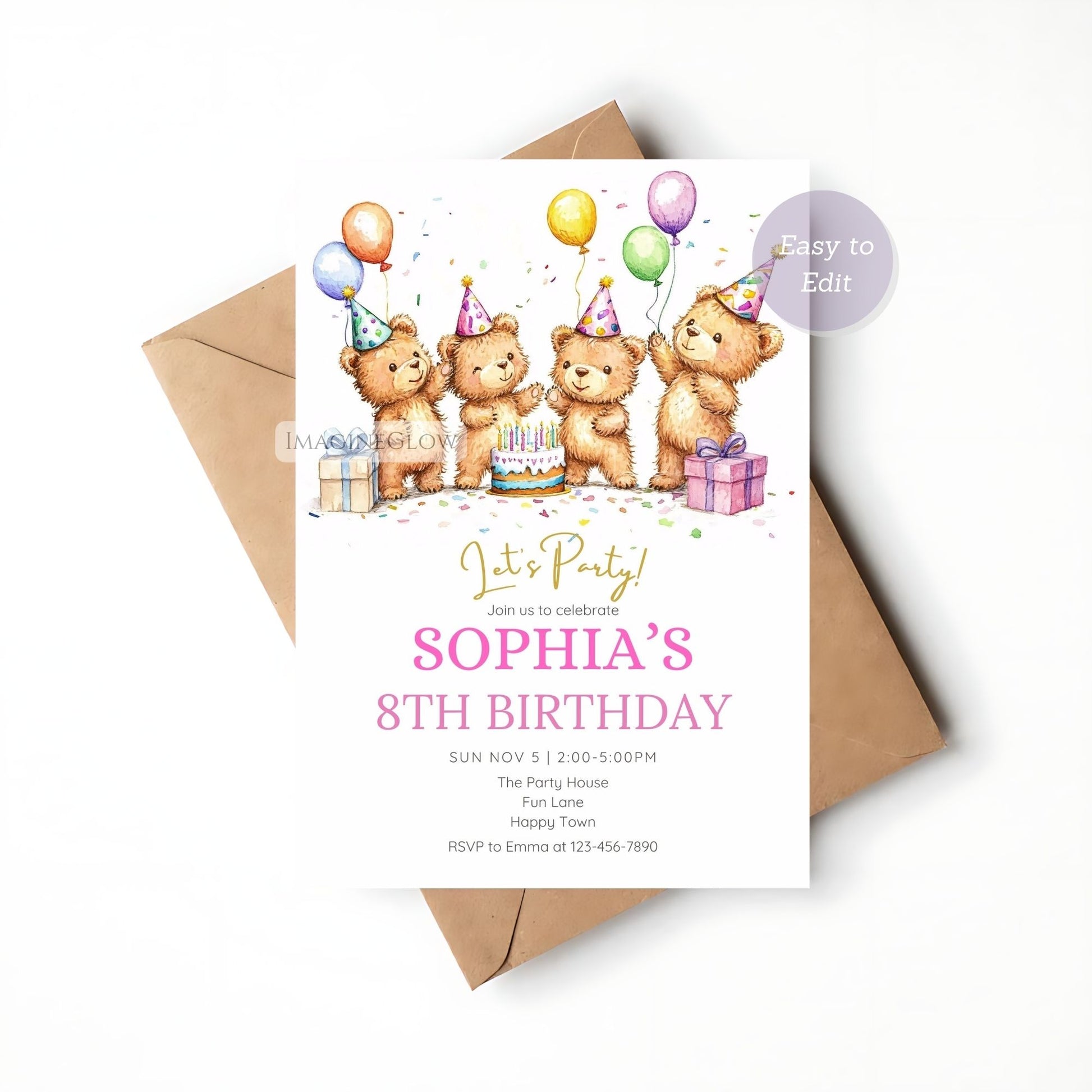 Cute bear illustration birthday invite design.