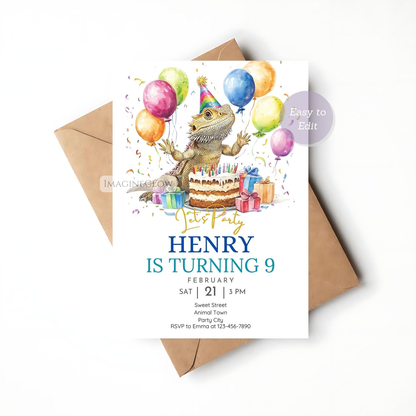 Cute lizard birthday invitation with bearded dragon illustration.
