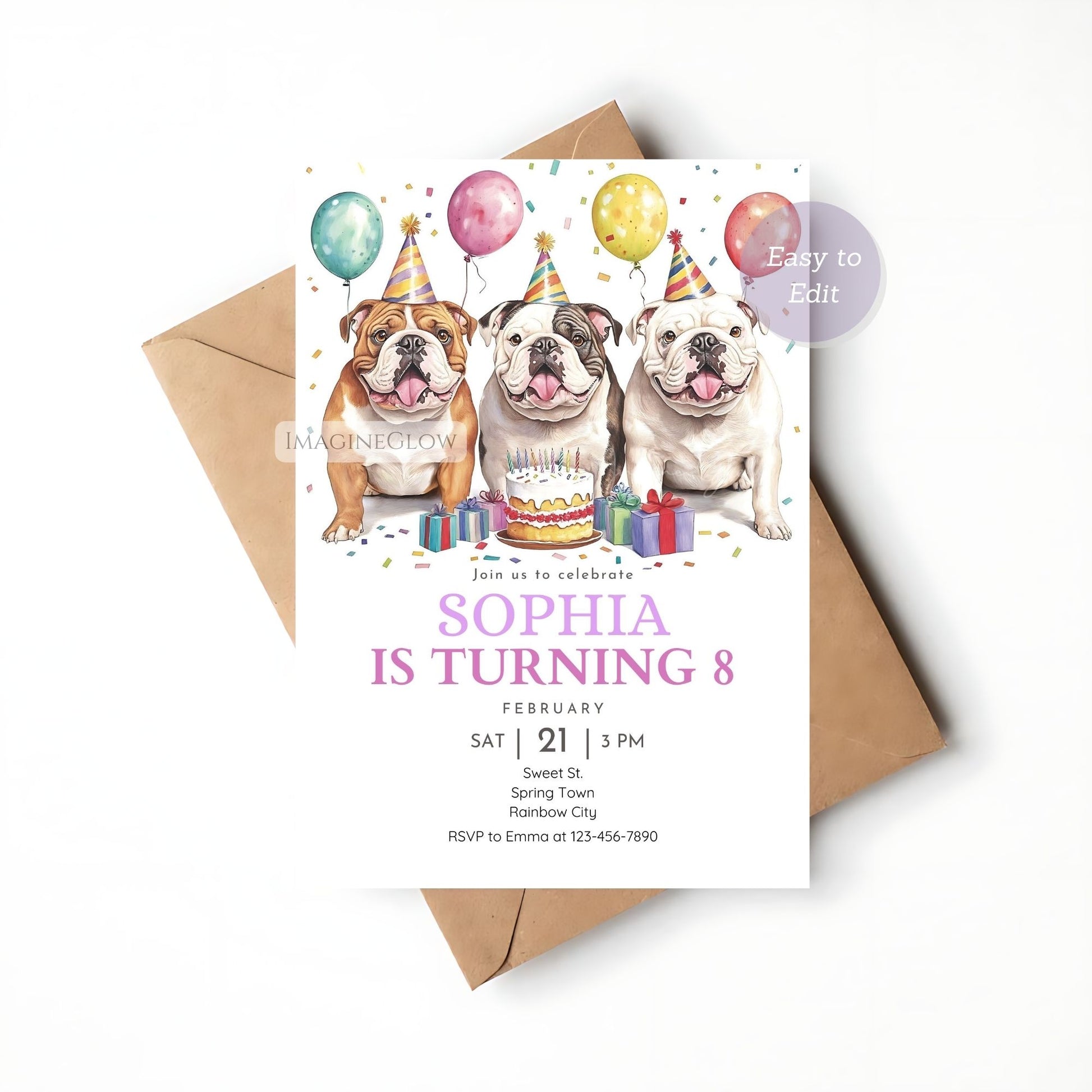 Editable Bulldog birthday invitation with a cute design