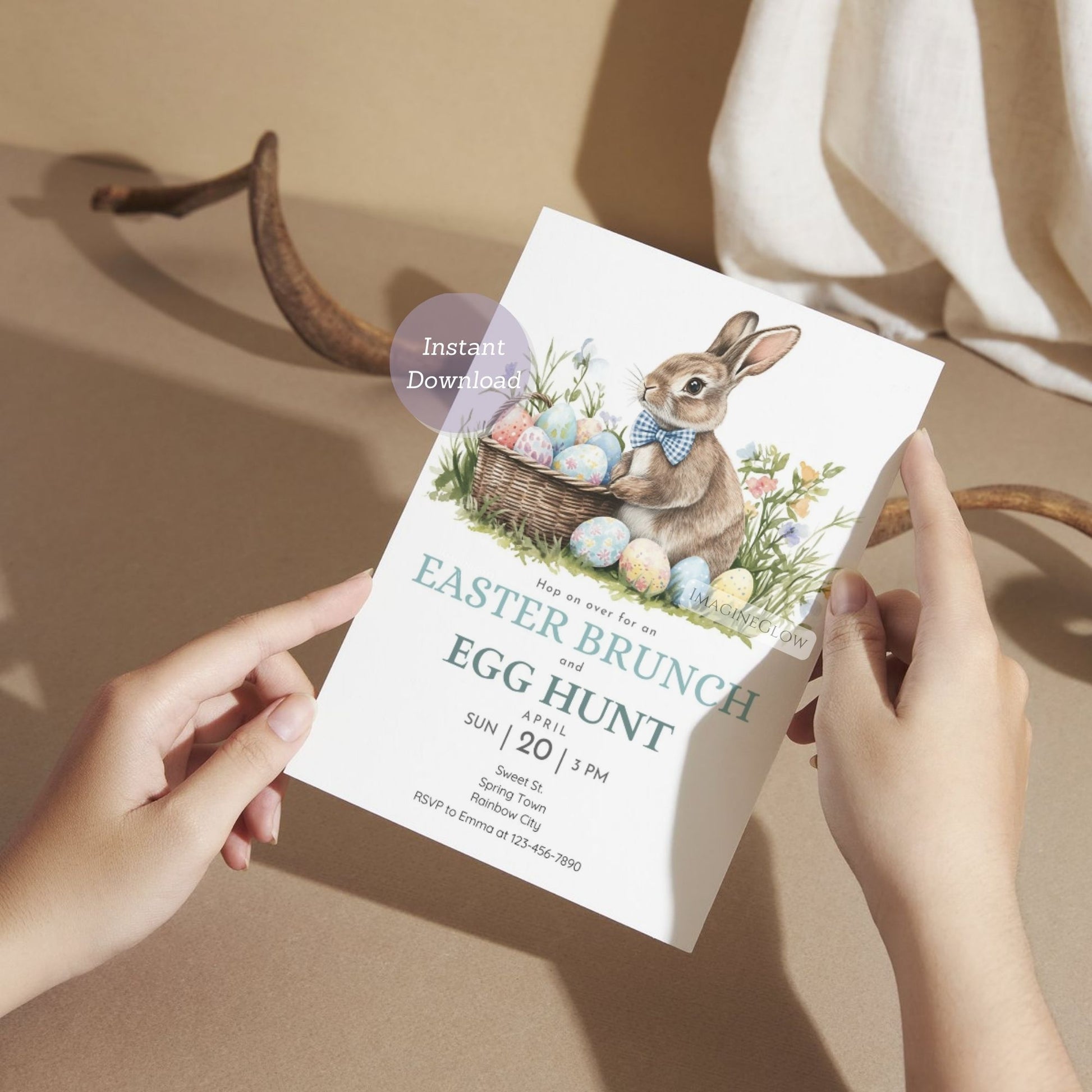 Spring Party Invitation Featuring Bunny with Basket of Eggs