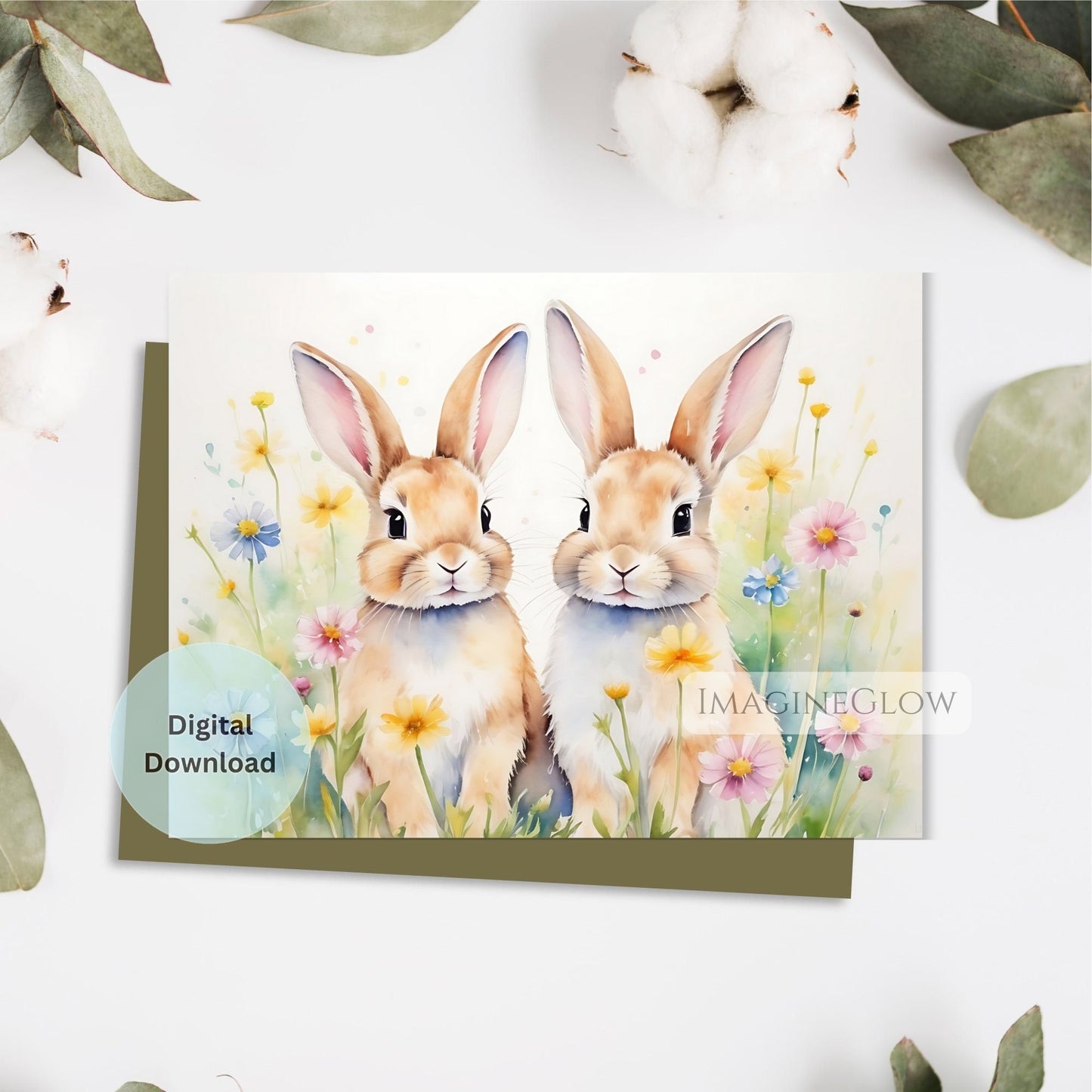 Digital download card with two rabbits and flowers on a white background