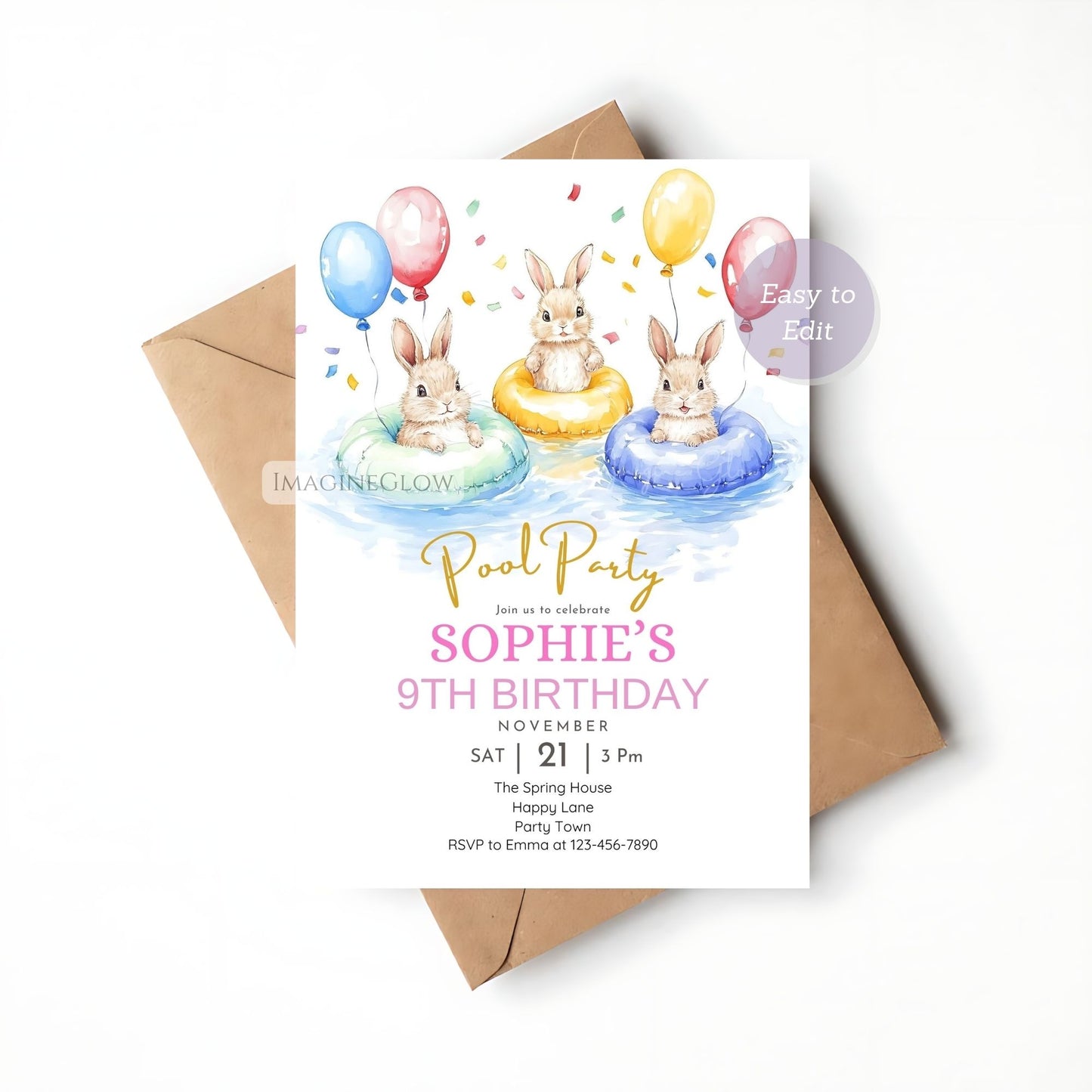 Fun water-themed birthday invitation with a playful bunny. Beach and pool-themed birthday invitation featuring a bunny.