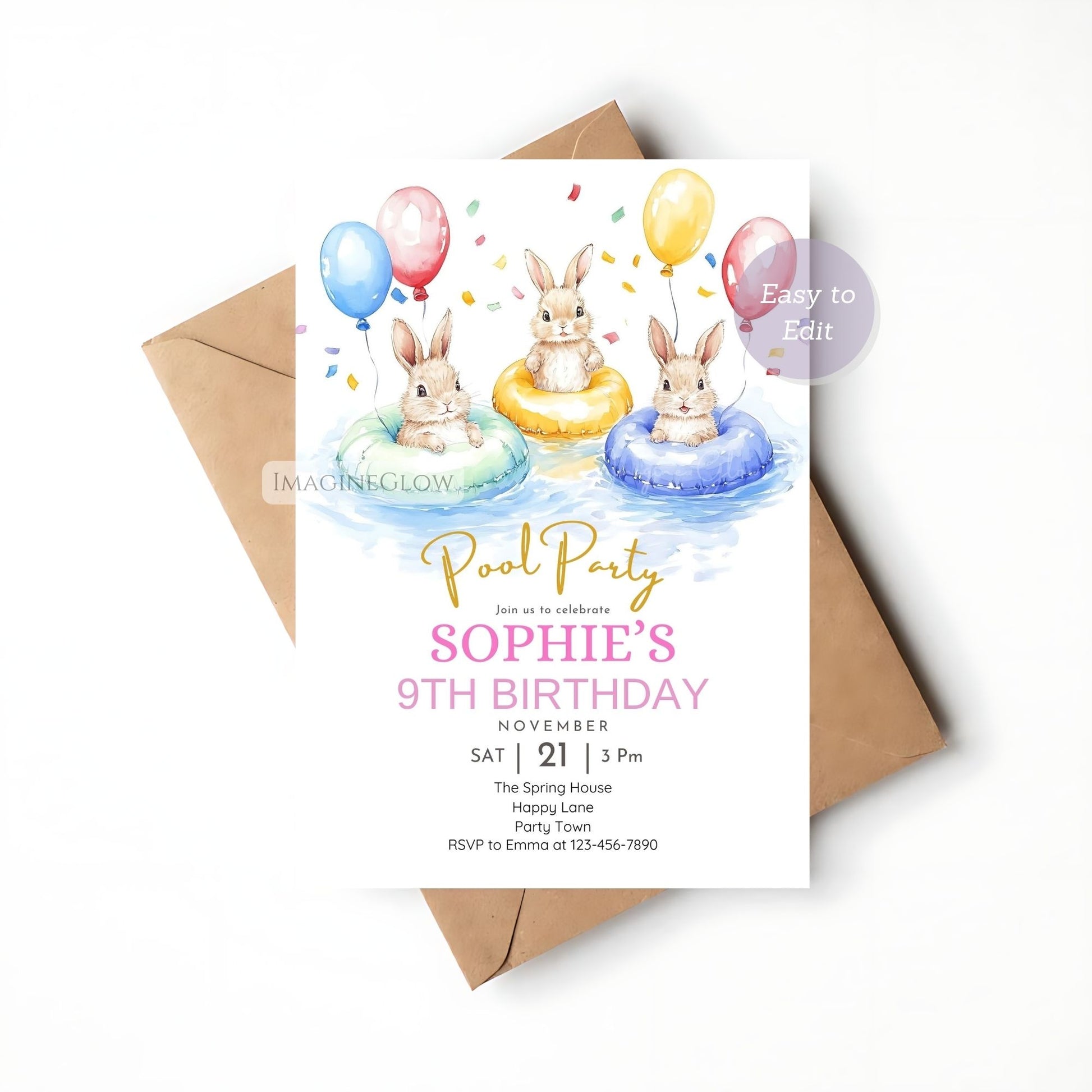 Fun water-themed birthday invitation with a playful bunny. Beach and pool-themed birthday invitation featuring a bunny.