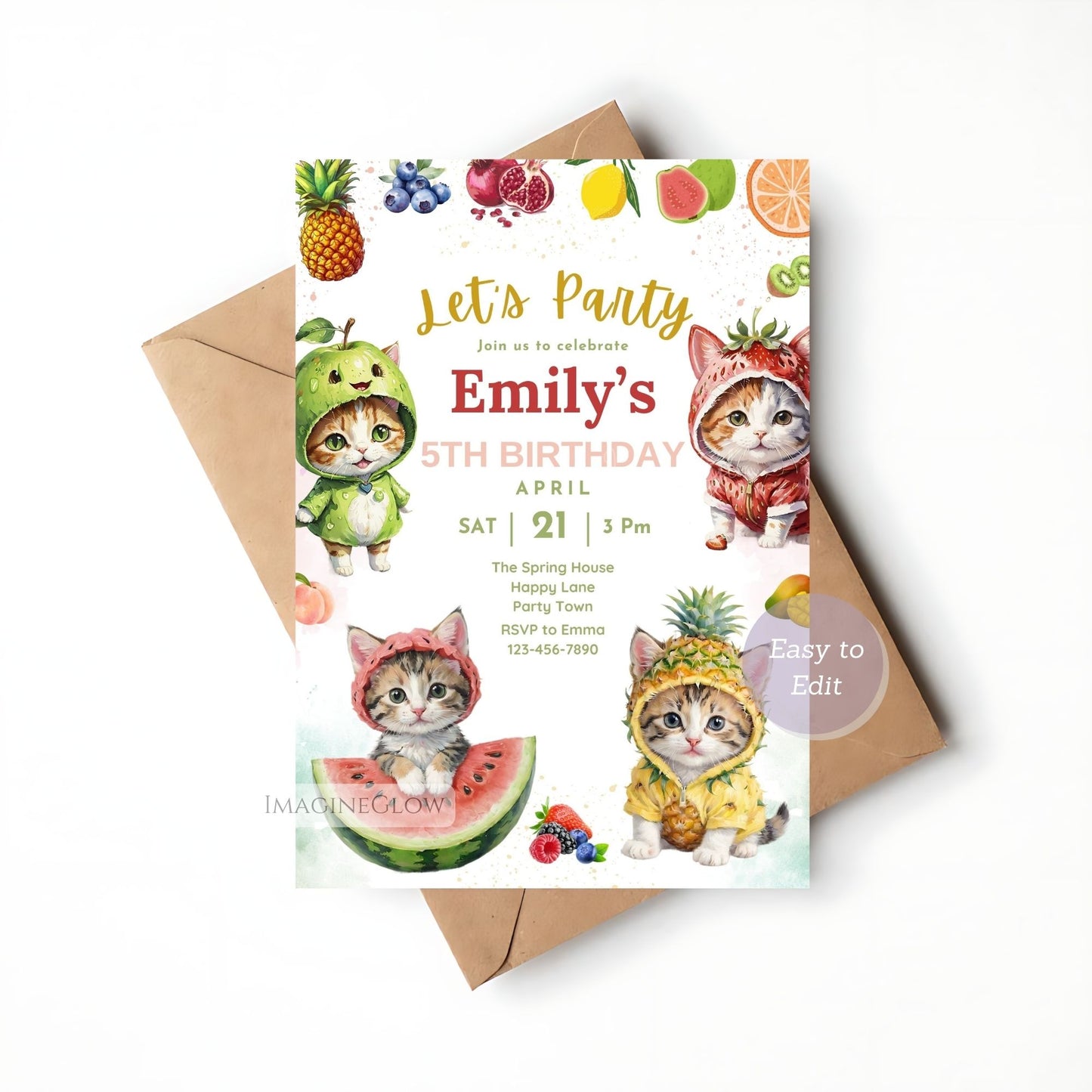 Cute cat birthday invite with watermelon and strawberries