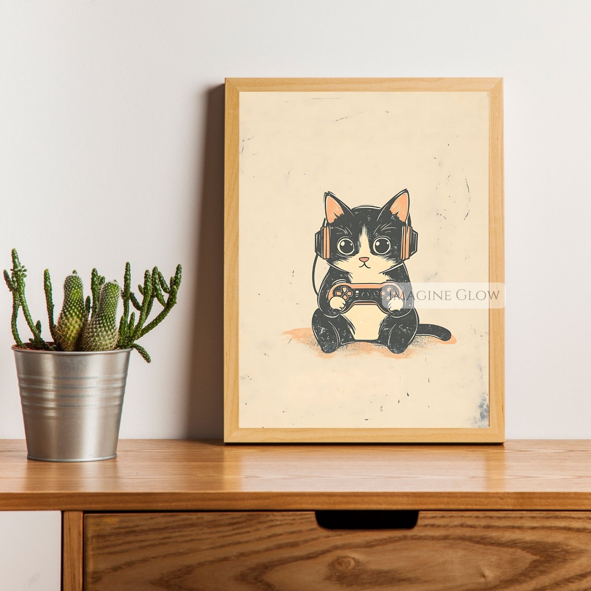 Fun cat gamer art for gaming enthusiasts
Cute cat in video game art for walls
Playful cat gaming wall decor for home