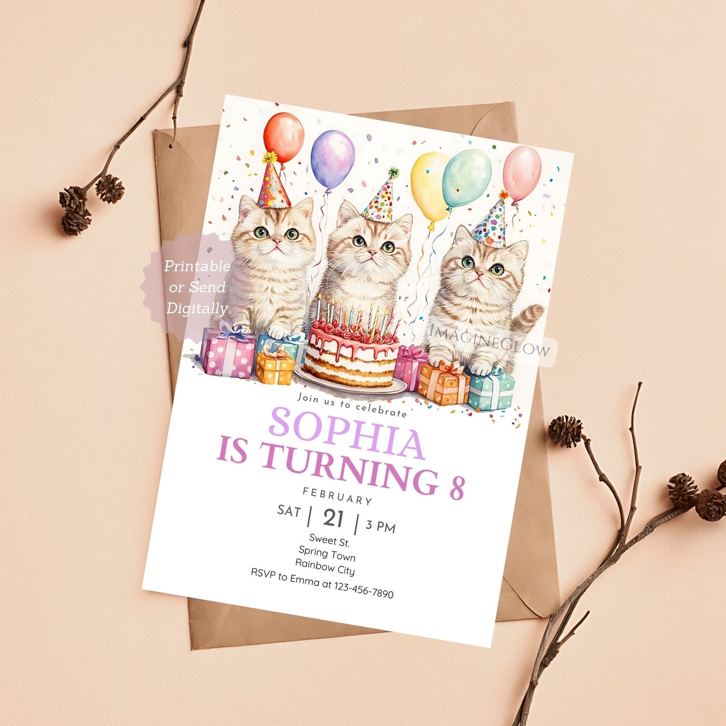 Cats birthday invitation with cute kitty design