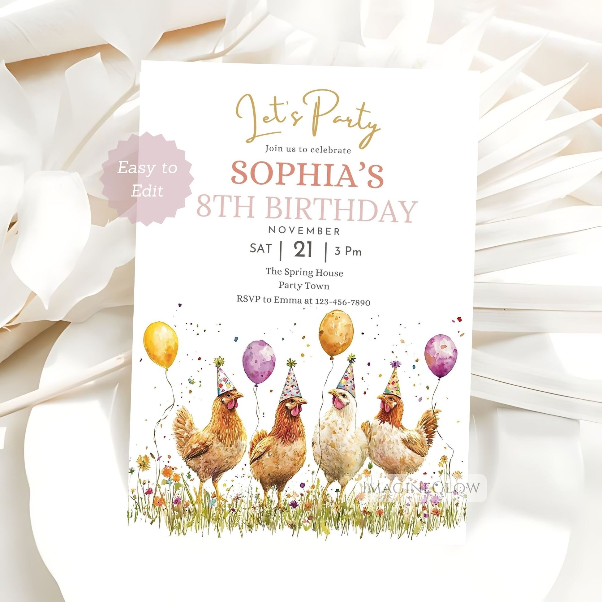 Rustic chicken birthday party invitation with wildflowers