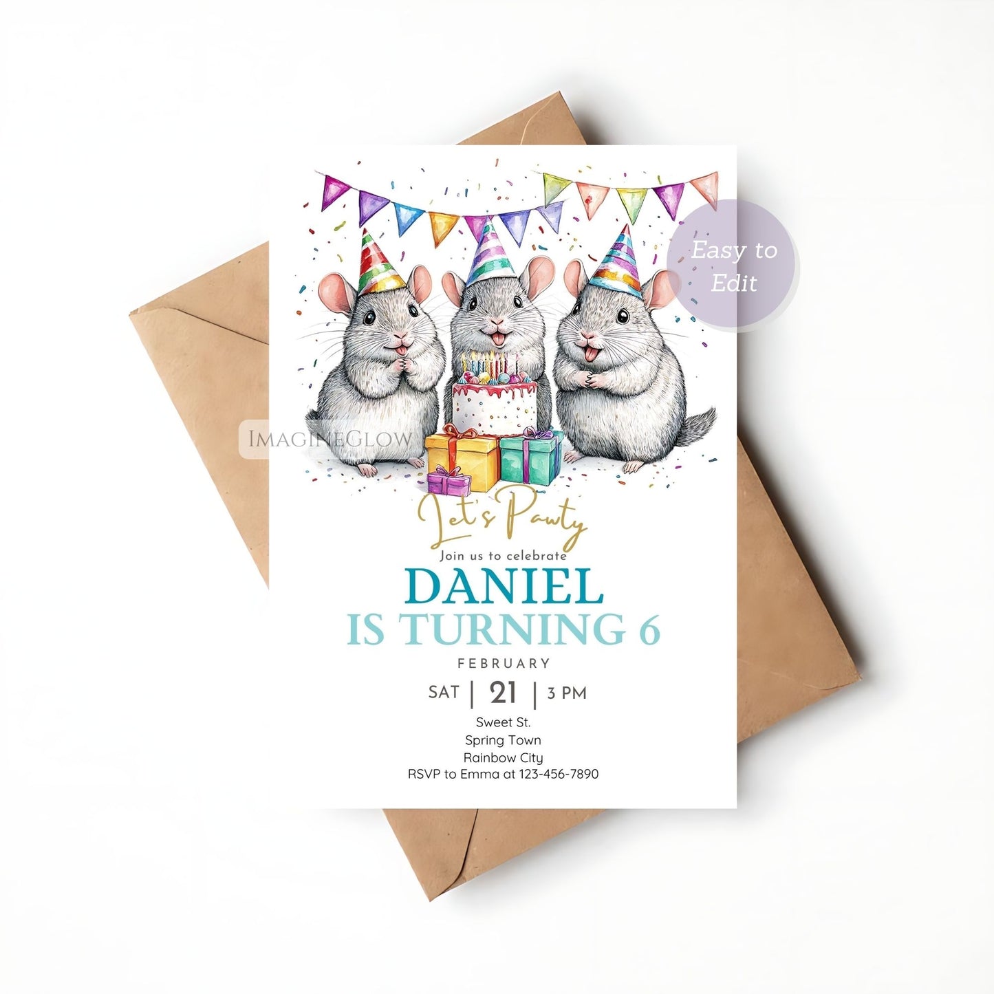 Printable chinchilla-themed party invitation for birthdays.