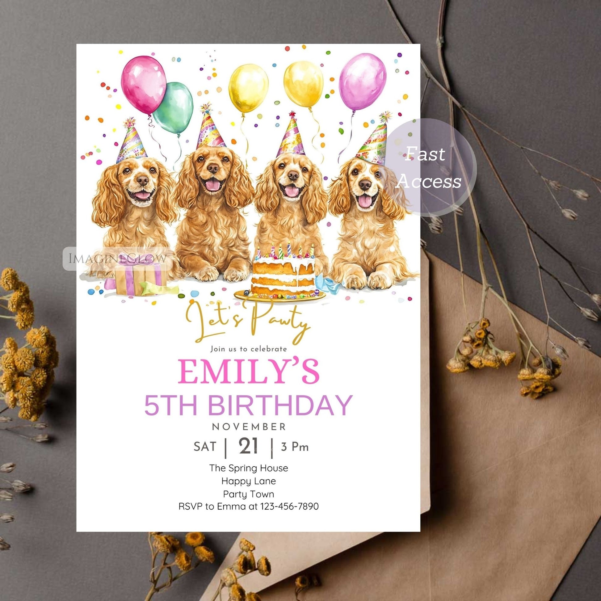 Customizable dog birthday invitation featuring Spaniels.
Canva-editable Cocker Spaniel puppy party invite.