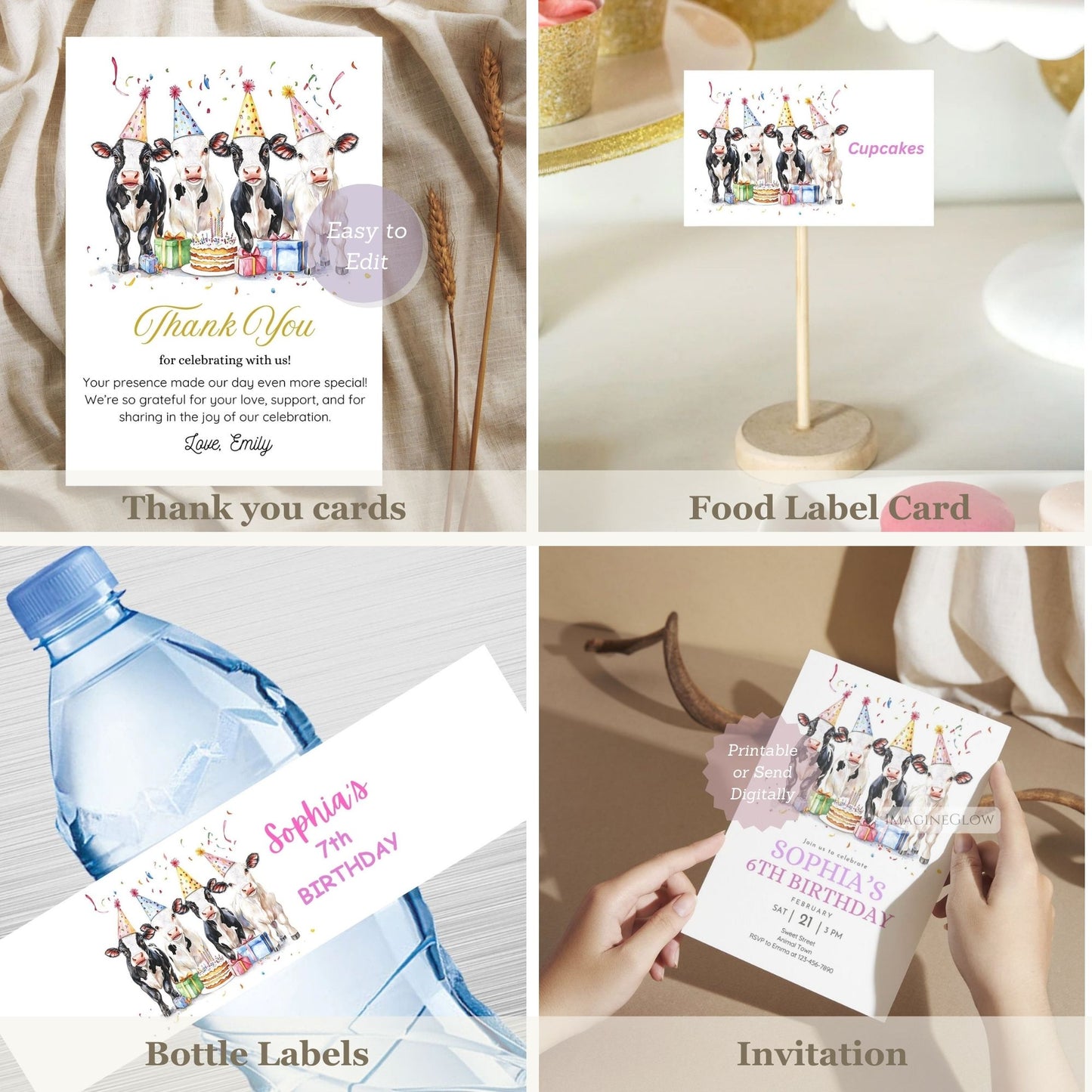 birthday party items including thank you cards, food labels, bottle labels, and an invitation.