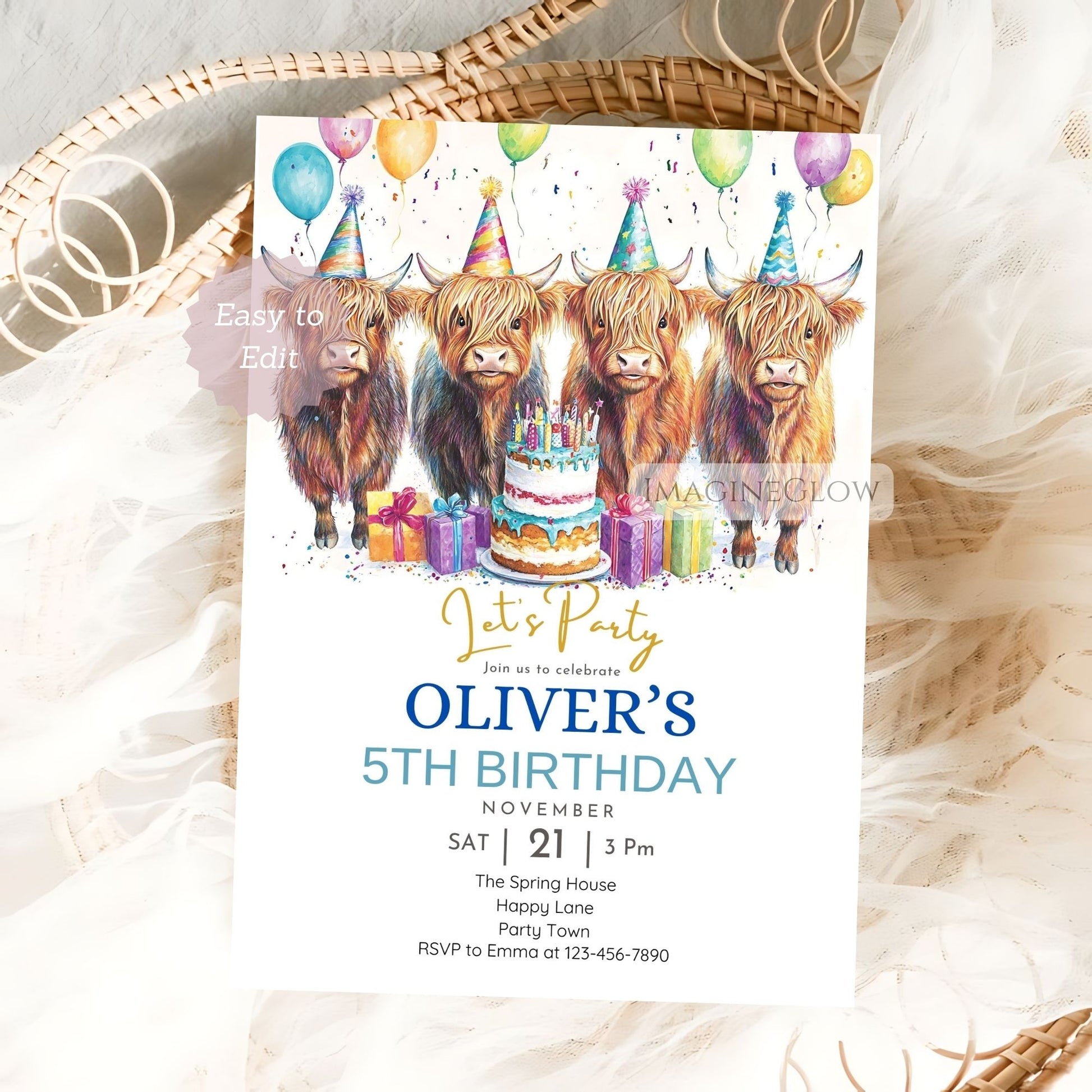 Barnyard animal birthday invitation
Charming Highland cattle invitation card