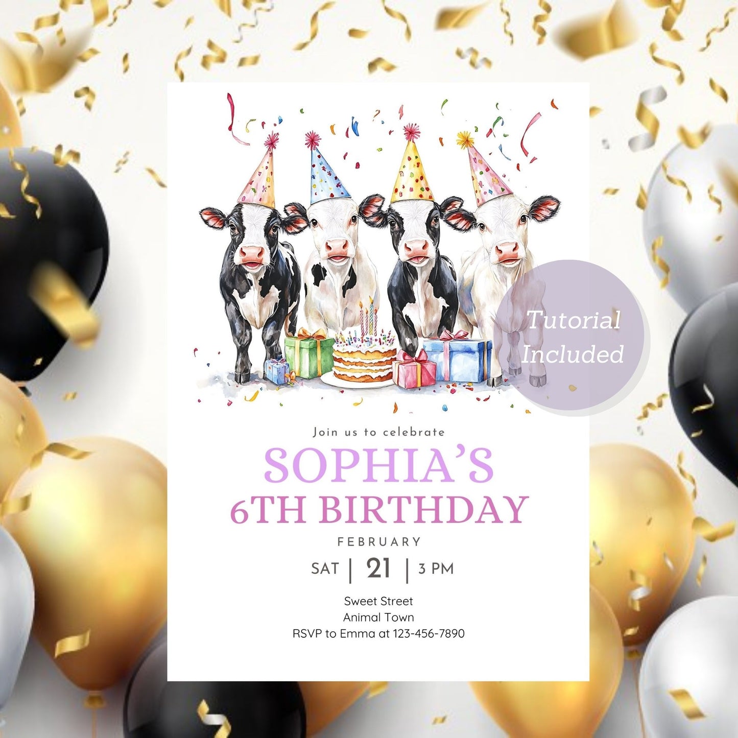 Editable farm animal birthday invite with a cow design.
Farmyard party invitation for a fun kids' birthday celebration.