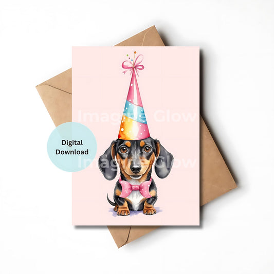 Dachshund birthday card in pink printable for parties and celebrations.