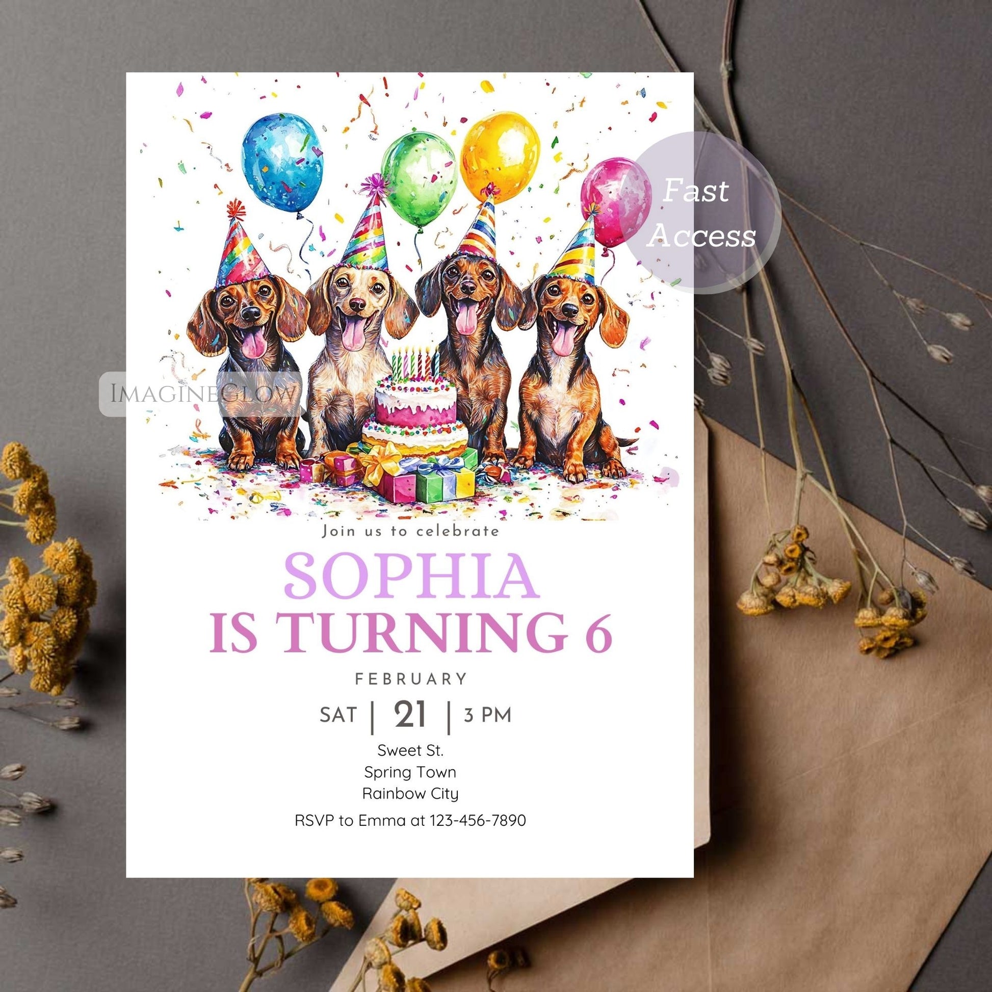 Editable puppy birthday invitation with a wiener dog