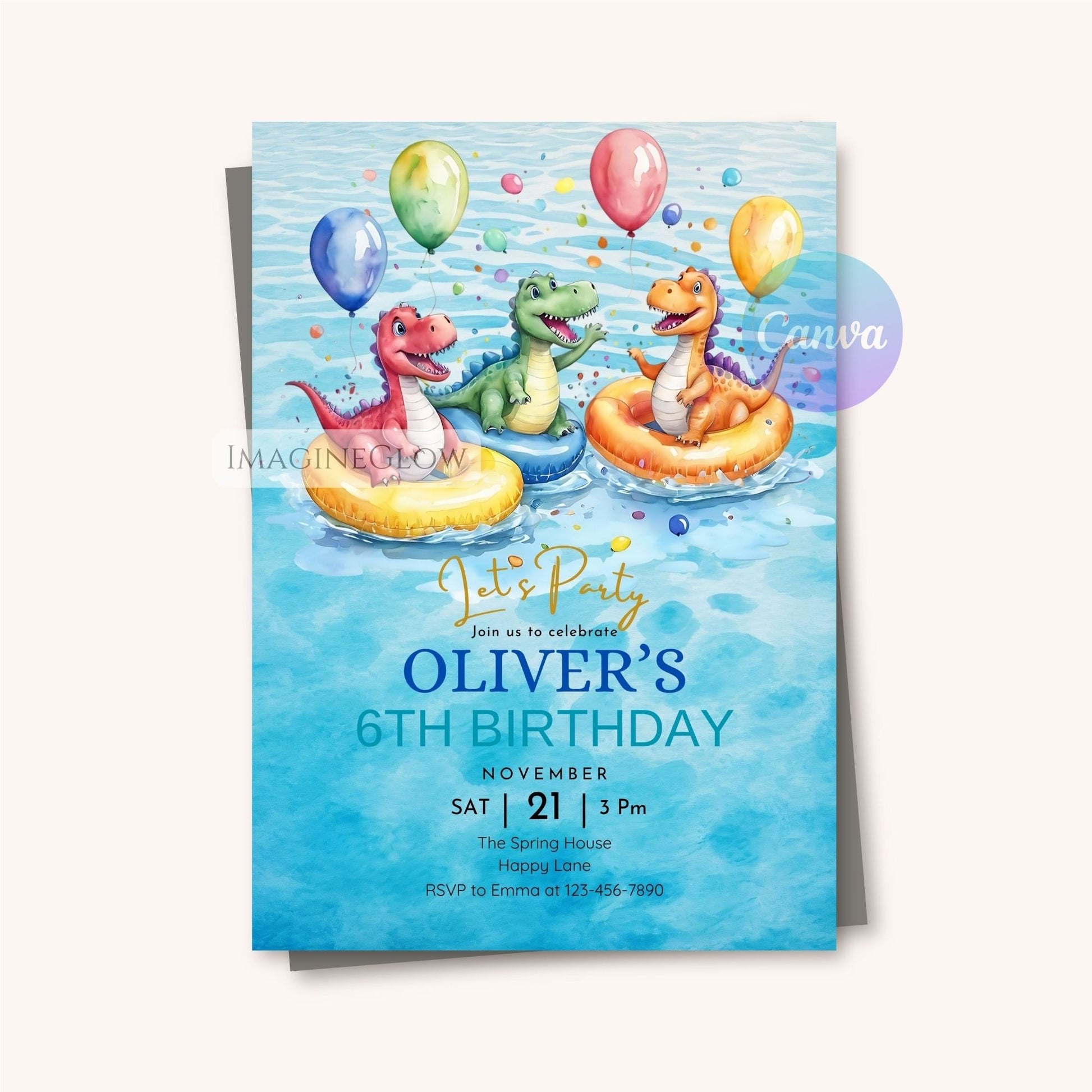 Birthday invitation card with dinosaurs and balloons on a blue background