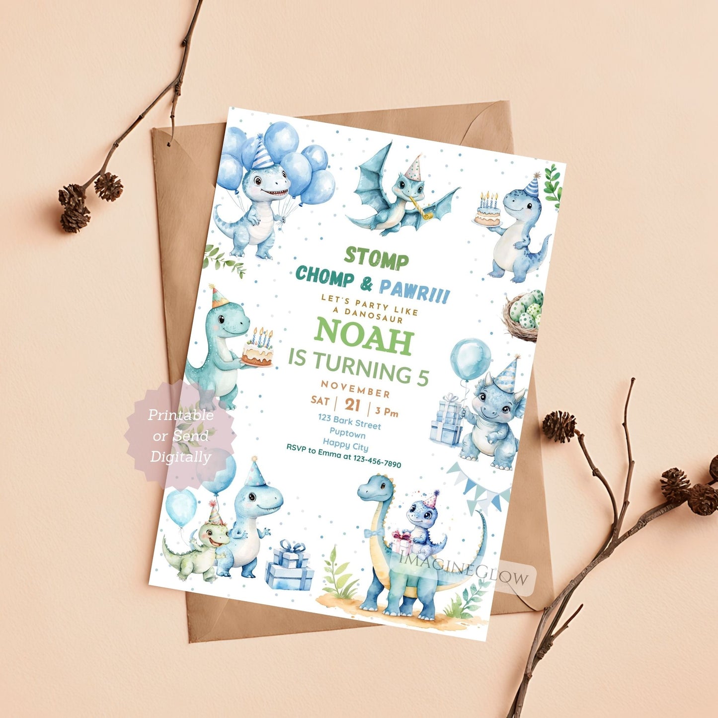 Dinosaur Birthday Invitation - Blue Theme Party Invitation