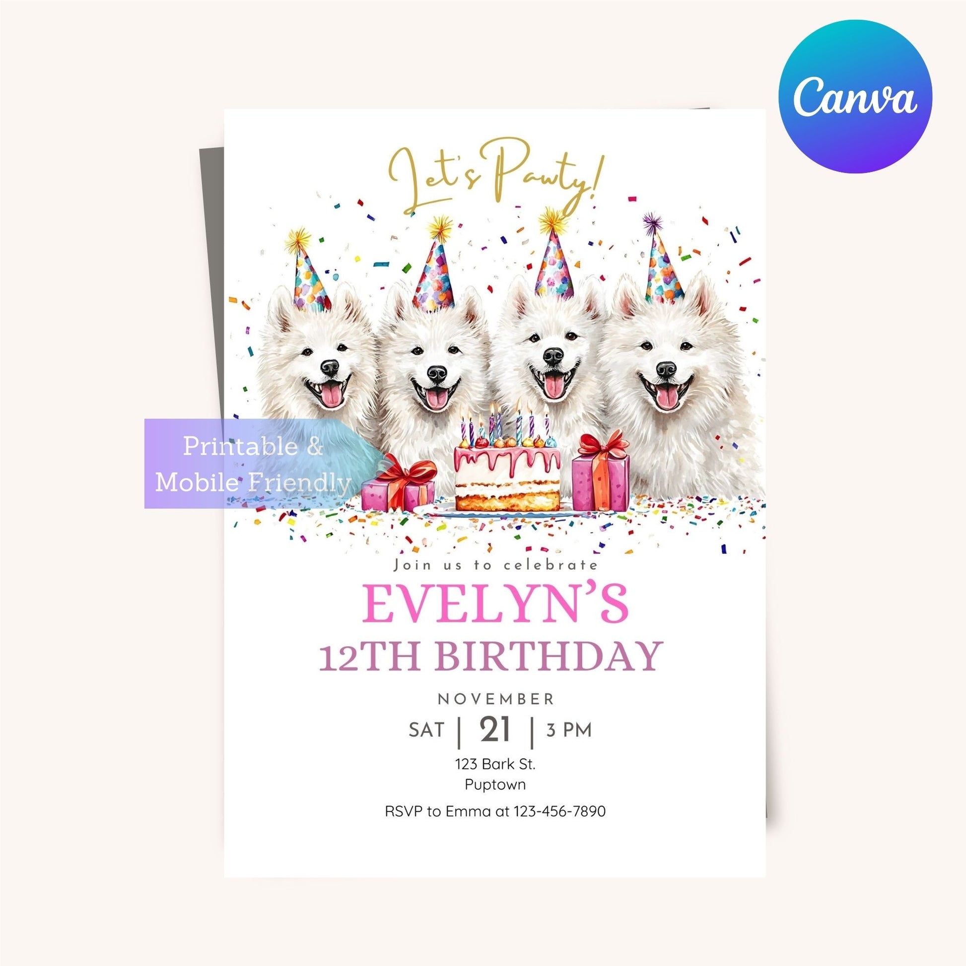 Printable Samoyed-themed birthday invitation for dog lovers.