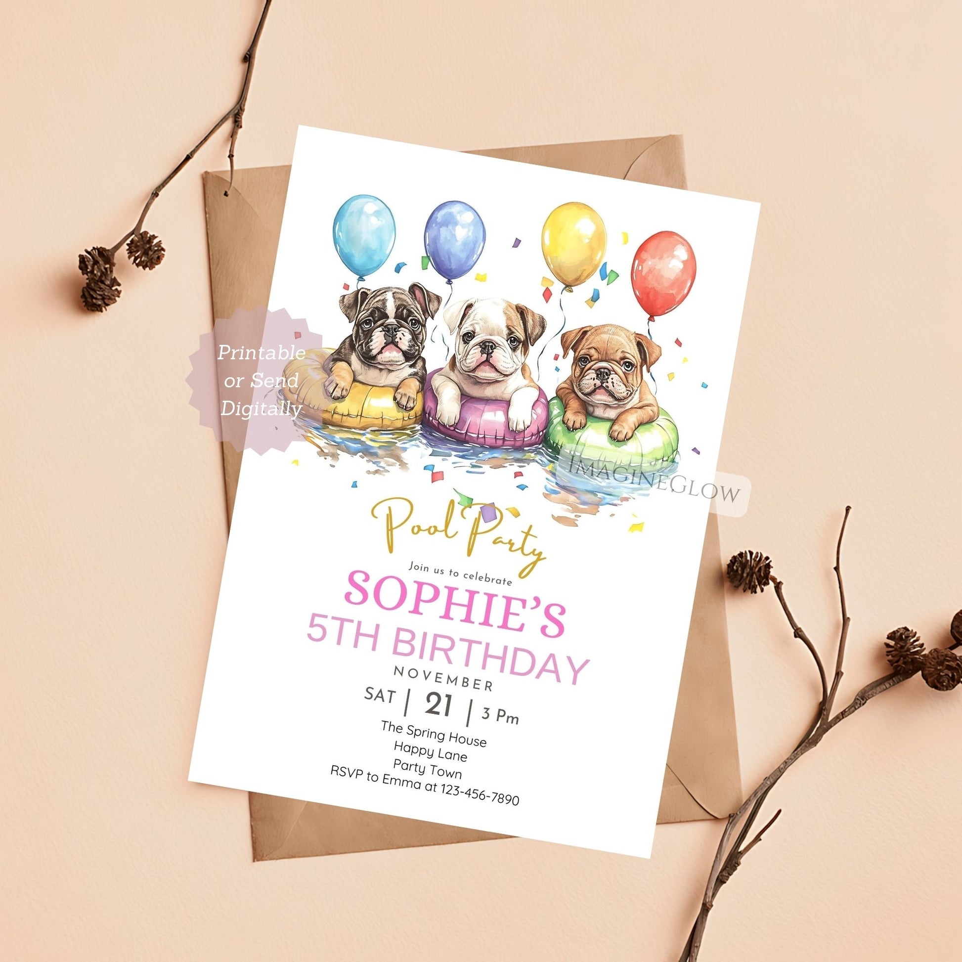 Printable dog-themed invitation featuring three bulldogs.