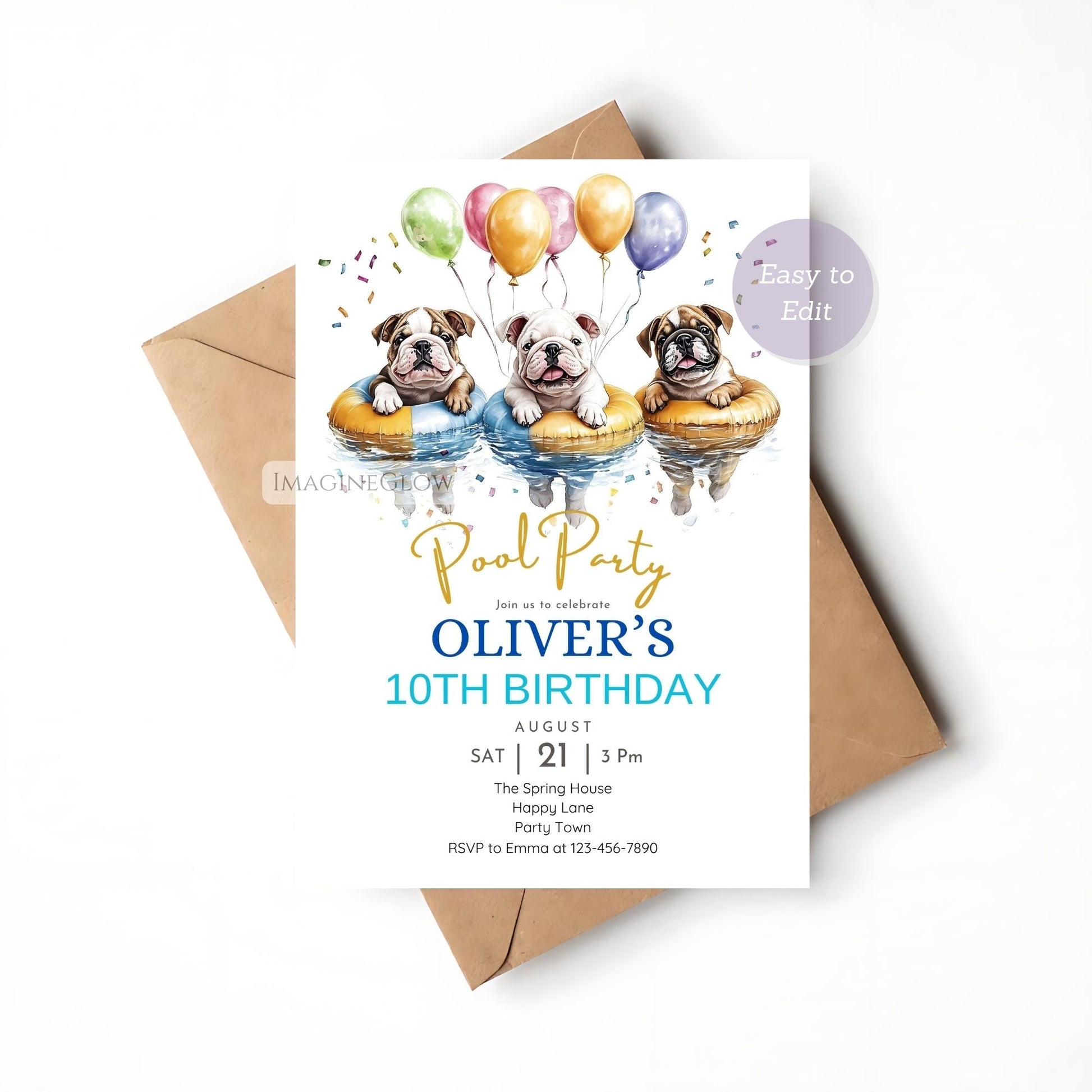 High-resolution bulldog pool party invite for summer birthdays.