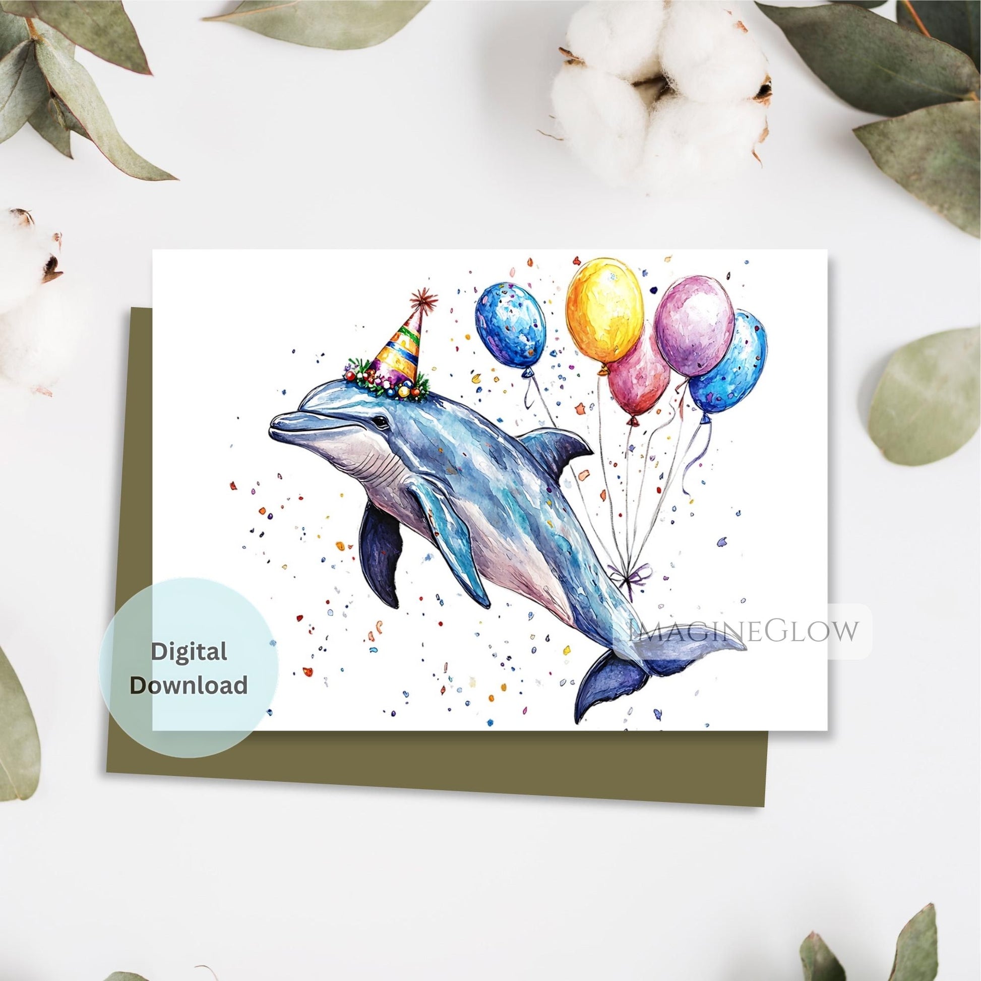 Card with a dolphin wearing a party hat and balloons on a white background