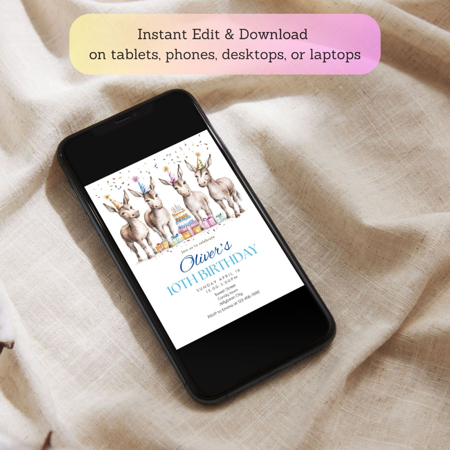 Rustic farm animal donkey birthday invitation for a kid’s party.