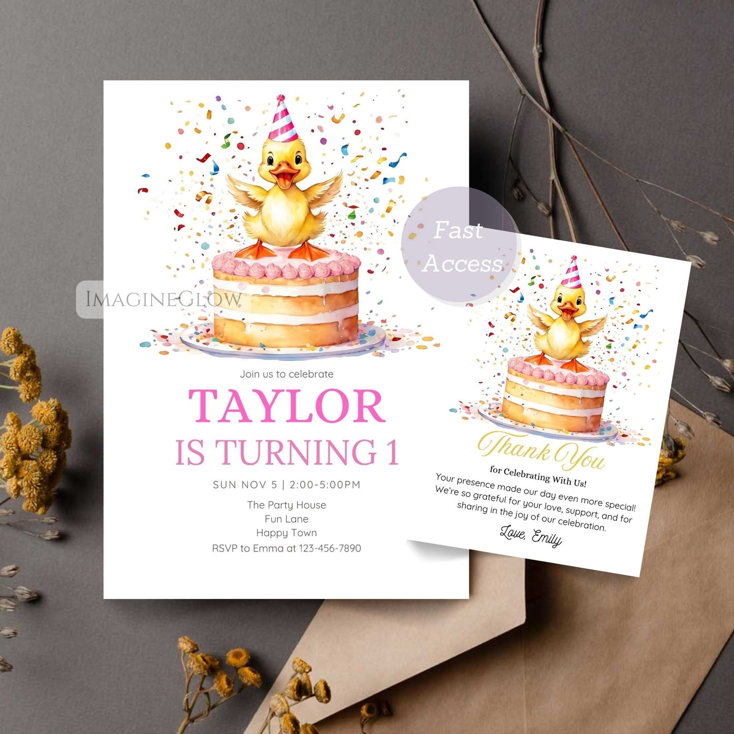 Duckling Birthday Invitation & Thank You Card - Cute Spring Party Set