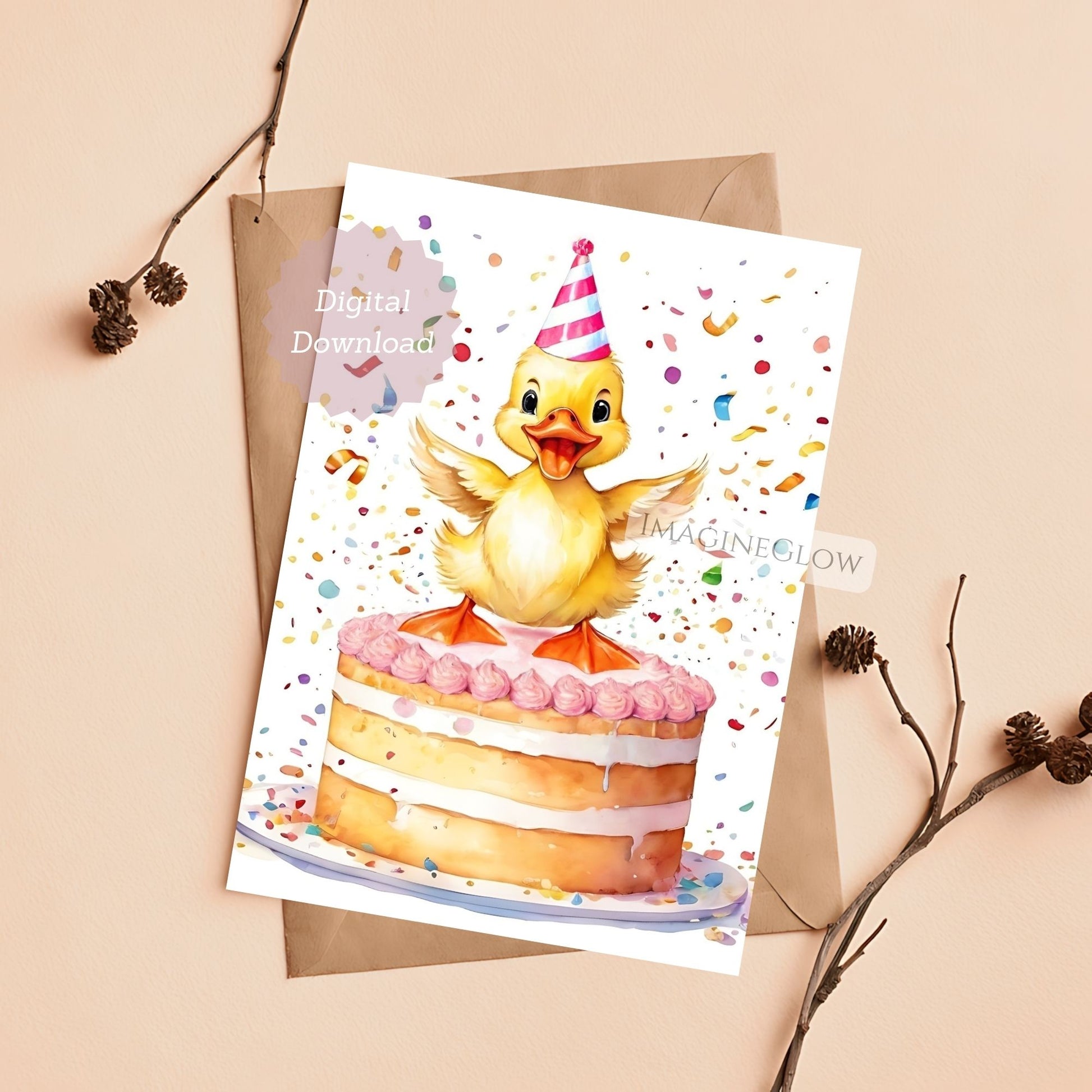 Digital download card with a duck on a cake and confetti