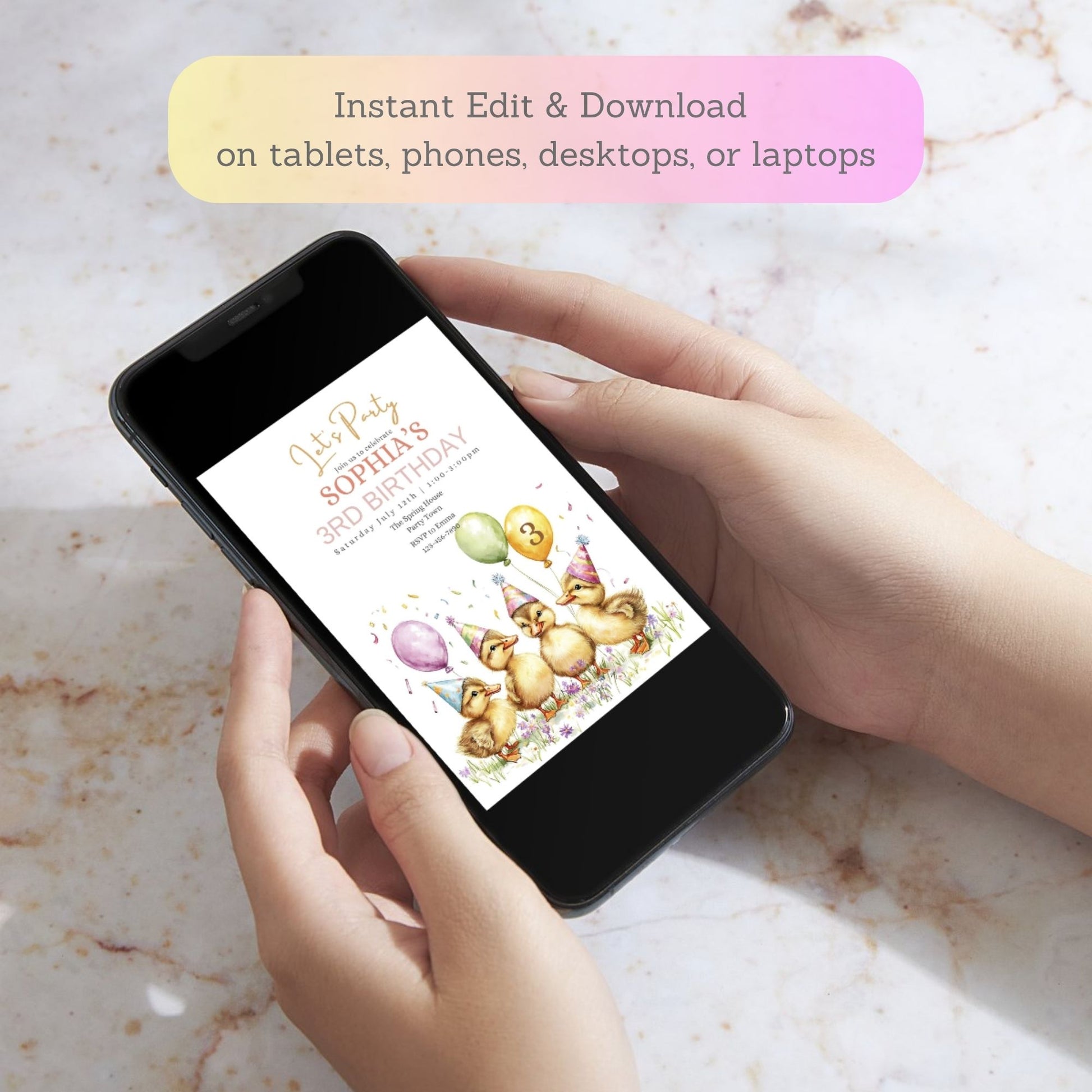 Adorable duck and flowers birthday party invitation editable